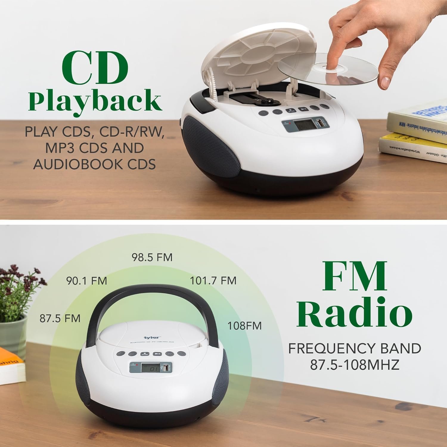 Tyler Portable CD Player Boombox with FM Radio, Bluetooth, and USB Port | Clear Stereo Sound | CD-R/RW and MP3 CDs Compatible | 3.5mm Aux Input and Headphone Jack | TAU107 - White - Image 4