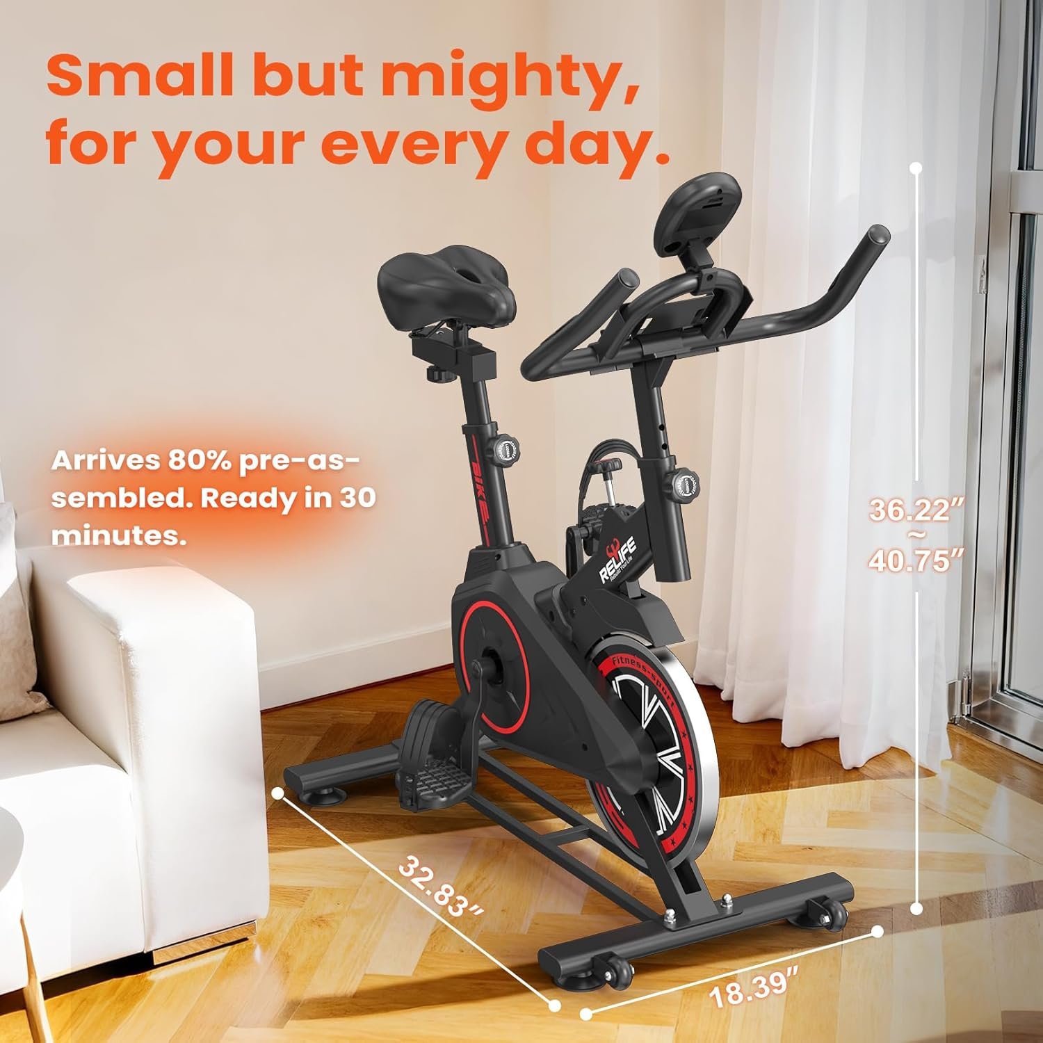 RELIFE REBUILD YOUR LIFE Exercise Bike Stationary for Home Indoor,Cycling Bike with Silent Belt Drive for Home Cardio,Brake Pad Resistance with djustable & Comfort Seat/PAD Holder/LCD Monitor. - Image 5