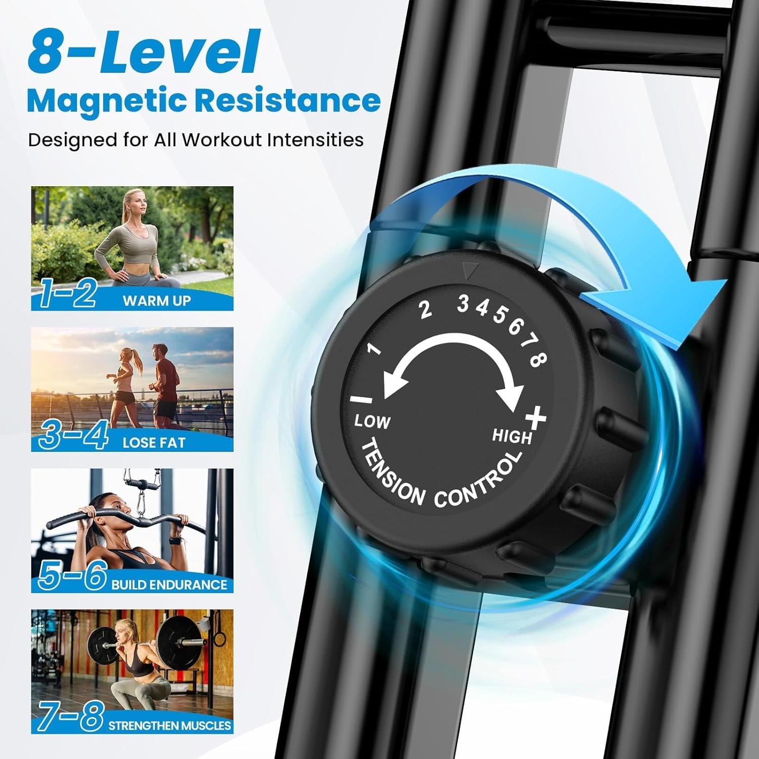 Foldable Exercise Bike, Multifunctional Indoor Stationary Bikes for Home with 8-Level Magnetic Resistance, Quiet Workout Bike with Arm Resistance Bands, LCD Monitor, 300LBS Capacity - Image 5