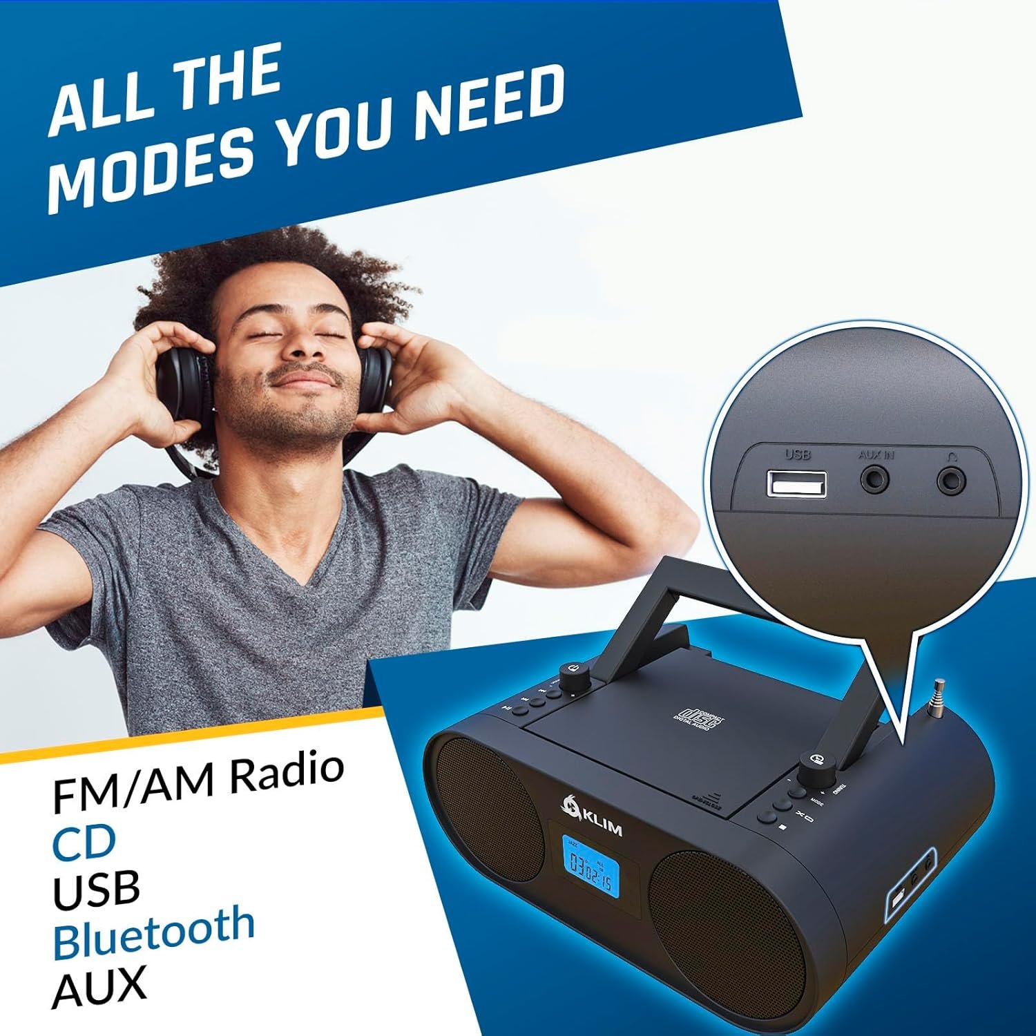 KLIM Boombox B4 CD Player Portable Audio System - New - AM/FM Radio with CD Player MP3 Bluetooth AUX USB - Wired & Wireless Mode Rechargeable Battery - Remote Control Autosleep Digital EQ - Image 3