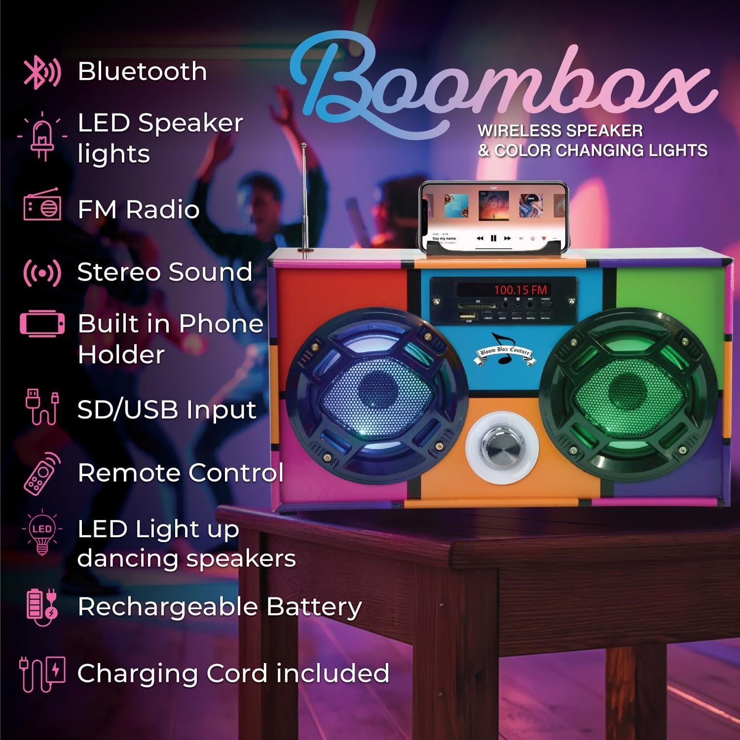 Wireless Express - Mini Boombox with LED Speakers – Retro Bluetooth Speaker w/Enhanced FM Radio - Perfect for Home and Outdoor (Retro) - Image 2