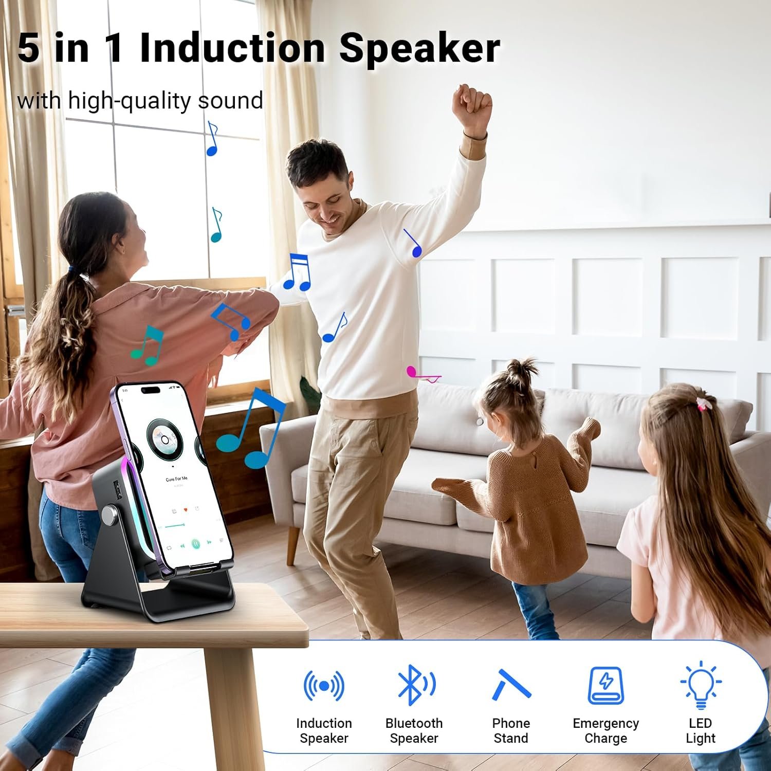 Induction Speaker with Phone Stand 5 in 1 Wireless Induction Bluetooth Audio for iPhone Android Phone Speakers Amplifier with Rechargeable Colorful Light, Birthday Gifts for Men Women Teens (Black) - Image 2