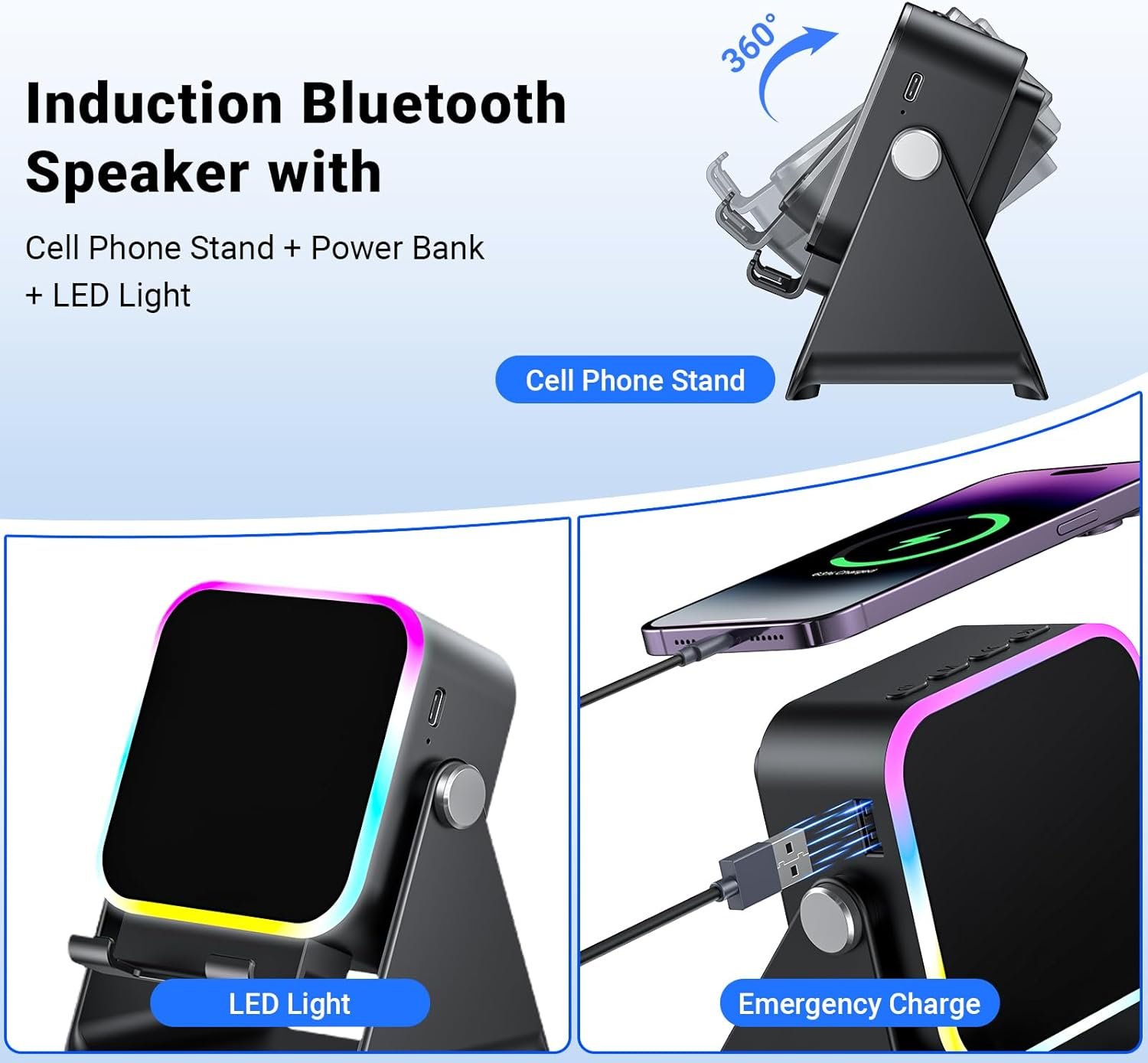 Induction Speaker with Phone Stand 5 in 1 Wireless Induction Bluetooth Audio for iPhone Android Phone Speakers Amplifier with Rechargeable Colorful Light, Birthday Gifts for Men Women Teens (Black) - Image 5
