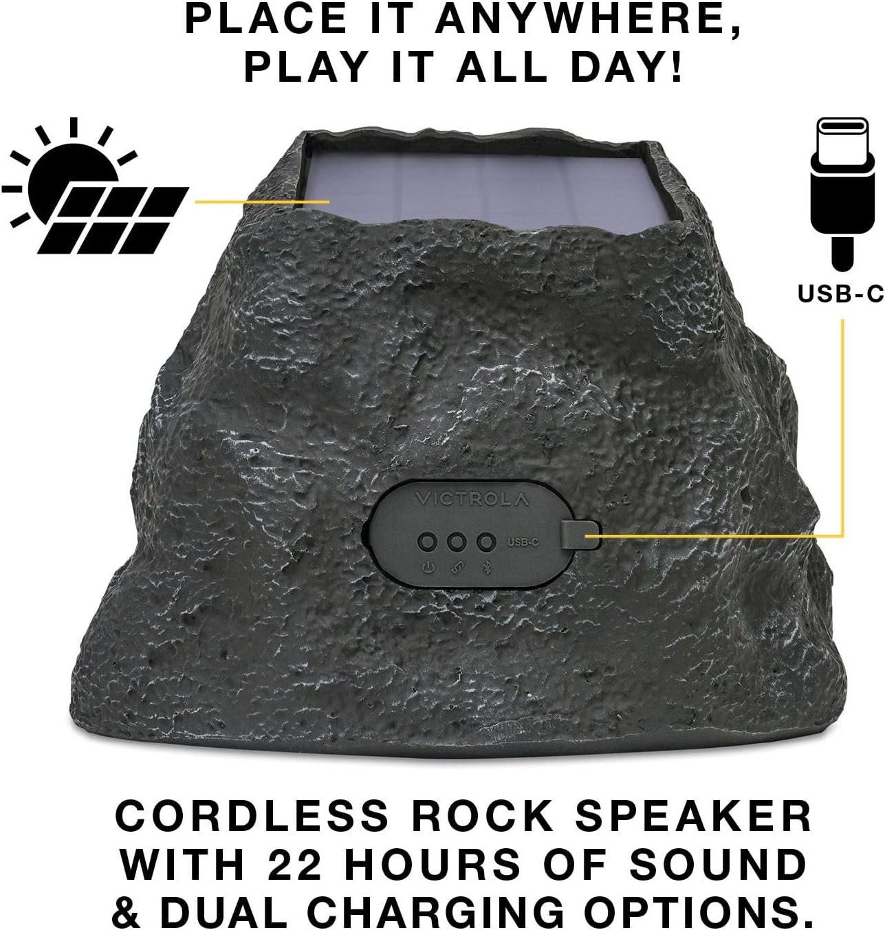 Victrola Rock Speaker Connect, Stone, Wireless Outdoor with Bluetooth 5.3, 22-Hour Battery Life, with Solar Charging, Link Up to 20 Rock Speakers, IP65 Water & Dust Resistant - Image 2