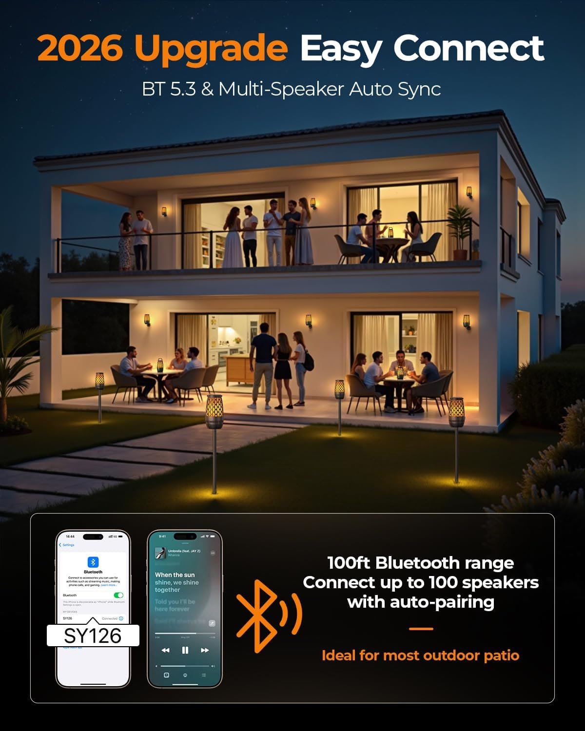 Outdoor Speakers Bluetooth Waterproof IPX6 with Flame Lights, Gadget Gifts for Men/Women, Hd Stereo Sound, BT 5.3 Multi-Sync to 100 Speakers, Portable Wireless Speaker for Patio Cafe Decor Party - Image 3