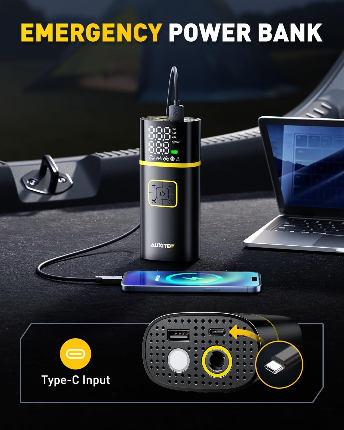 AUXITO AS1 Tire Inflator Portable Air Compressor - 150PSI Bike Pump 1Min Fast Inflate with Tire Pressure Gauge, 5200 mAh, LED Light, Car Accessories Air Pump for Auto, Moto, Bike Car Gifts for Men - Image 5