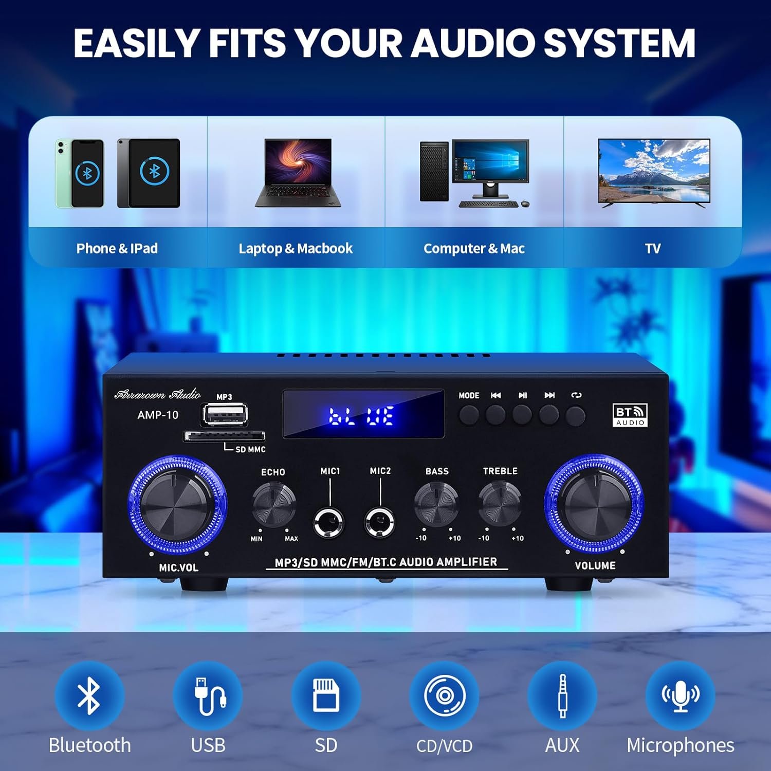 Amp10 Amplifier Home Audio,400W Power Amplifier 2 Channel Stereo Receiver with Bluetooth 5.0,Active Subwoofer Output, FM Radio, USB/SD/AUX, MIC, Remote Control for Home Theater - Image 3