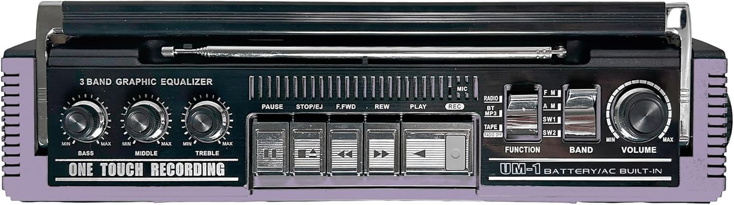 QFX J-220BT Purple Boombox MP3 Conversion from Radio to Cassette with 4-Band (AM, FM, SW1, SW2) Radio with Bluetooth, Dual 3” Speakers, Built-in Microphone, Recorder, and a 3-Band Equalizer - Image 4
