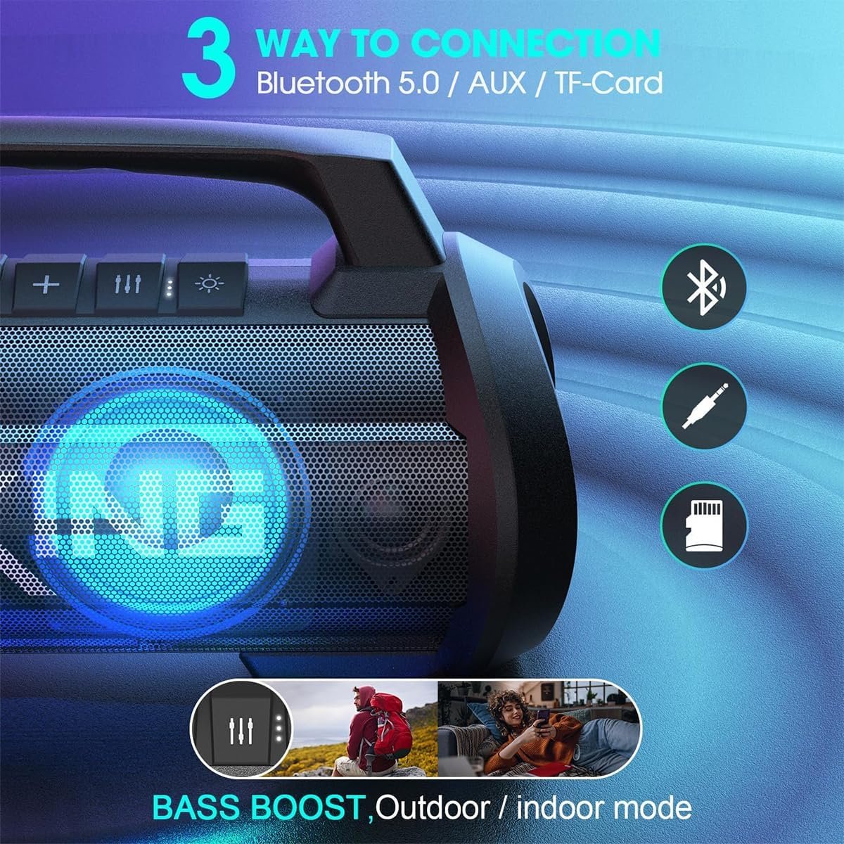 W-KING Portable Speakers Bluetooth Wireless, 120W Max Loudest Bluetooth Speaker, IPX6 Waterproof Outdoor Speaker with 70W Deep Bass/2*Subwoofer/DSP/EQ/42H/LED/MAC-in/TF/2 Pairing, Large Party Boombox - Image 7