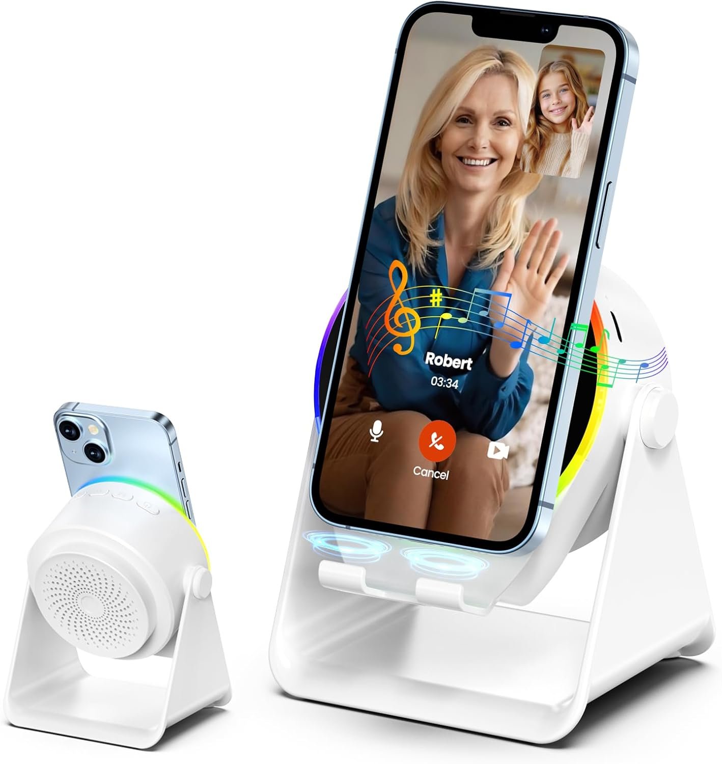 Wireless Induction Audio Bluetooth Speaker, 4 in 1 Phone Stand Speakers Amplifier with Colorful Ambient Light,360° Adjustable Holder for Tablet iPhone Android, Gifts for Men Women Teens-White