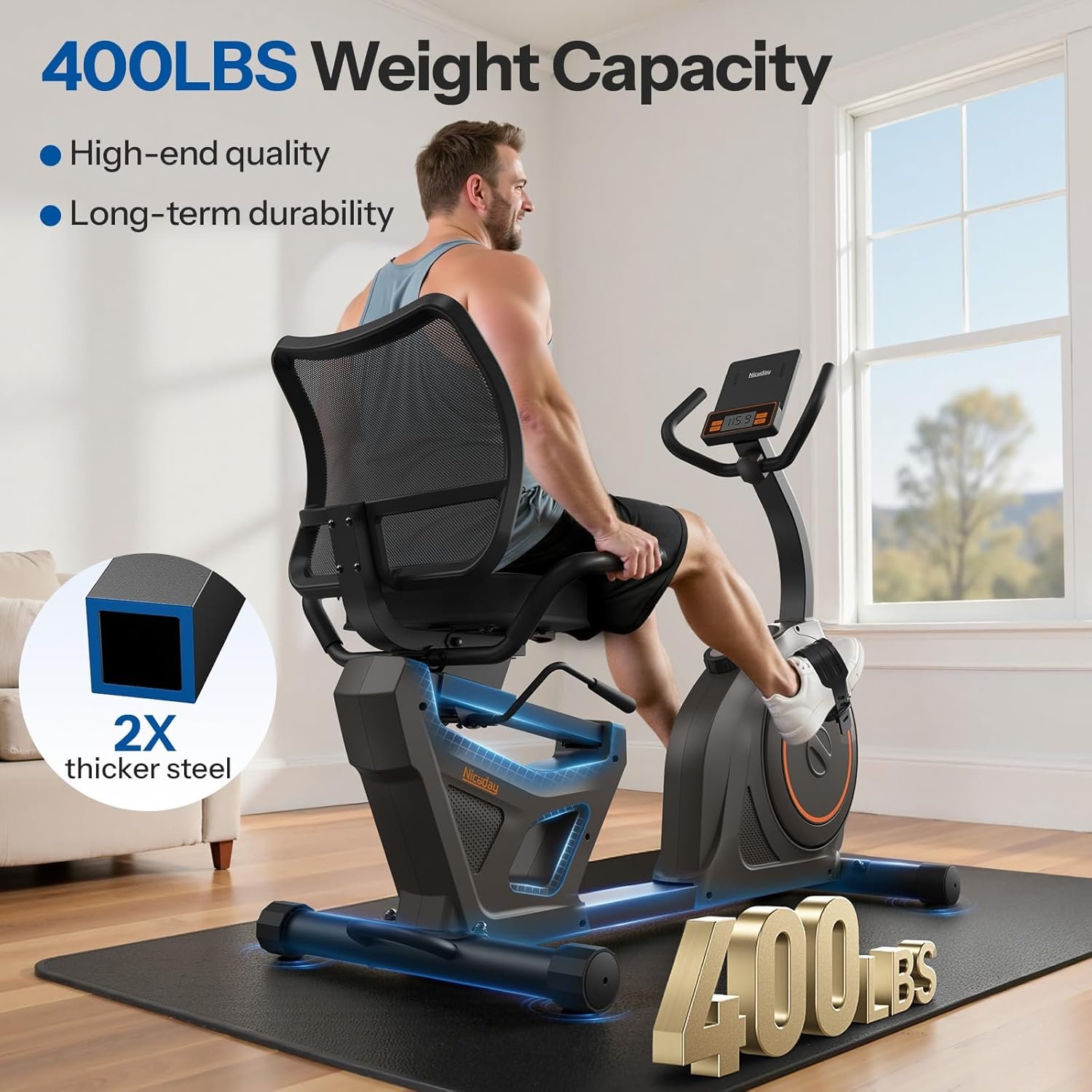 Niceday Recumbent Exercise Bike, Recumbent Bike for Home, Recumbent Stationary Bike 400LBS Weight Capacity, Magnetic Recumbent Bike with Smart APP, LCD Monitor, Heart Rate Handle - Image 4