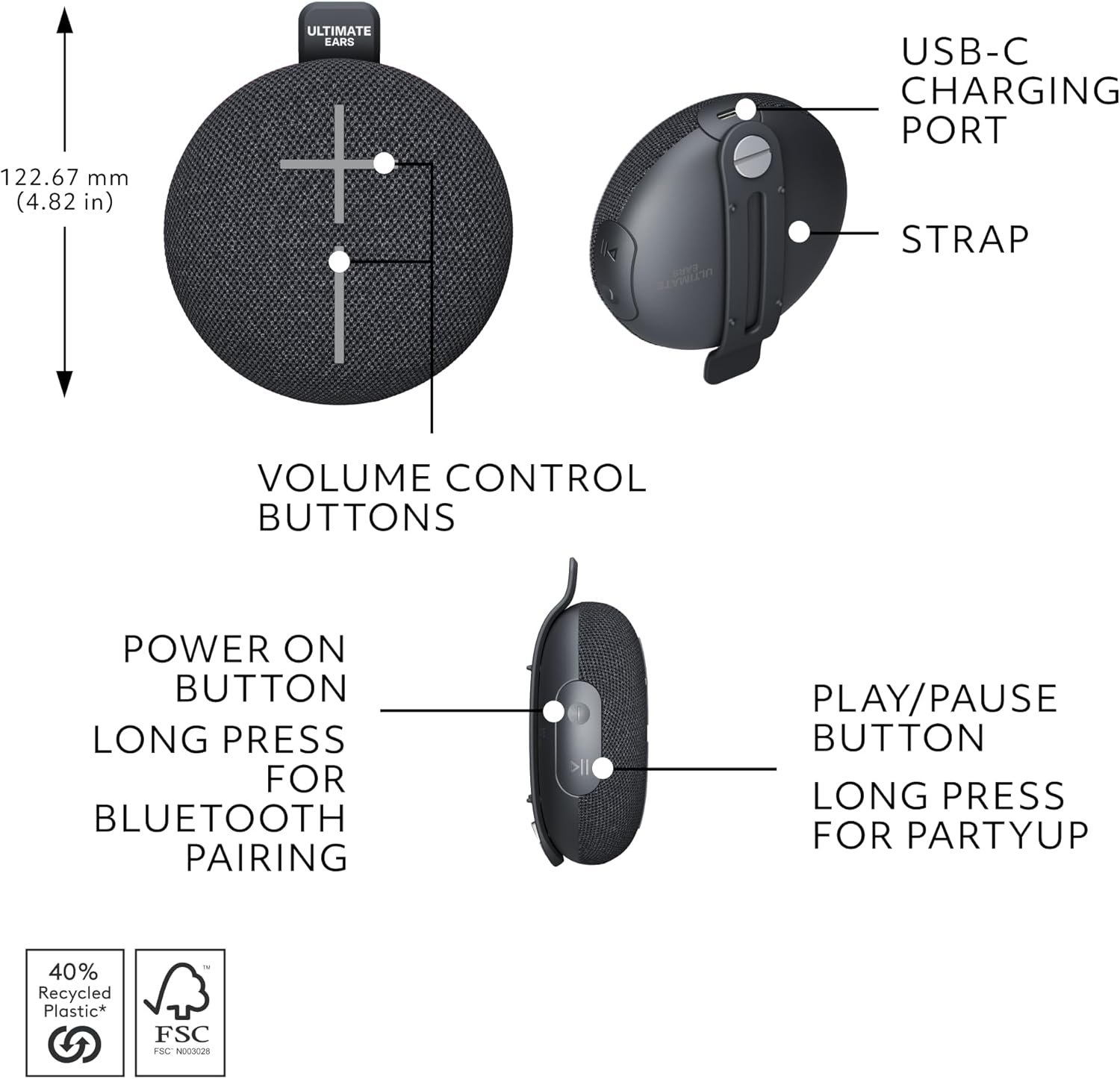 Ultimate Ears MINIROLL Ultra-Portable Waterproof Bluetooth Speaker, Big Bass, IP67 Dustproof, 131 ft (40 m) Range - Gentle Black - Image 8