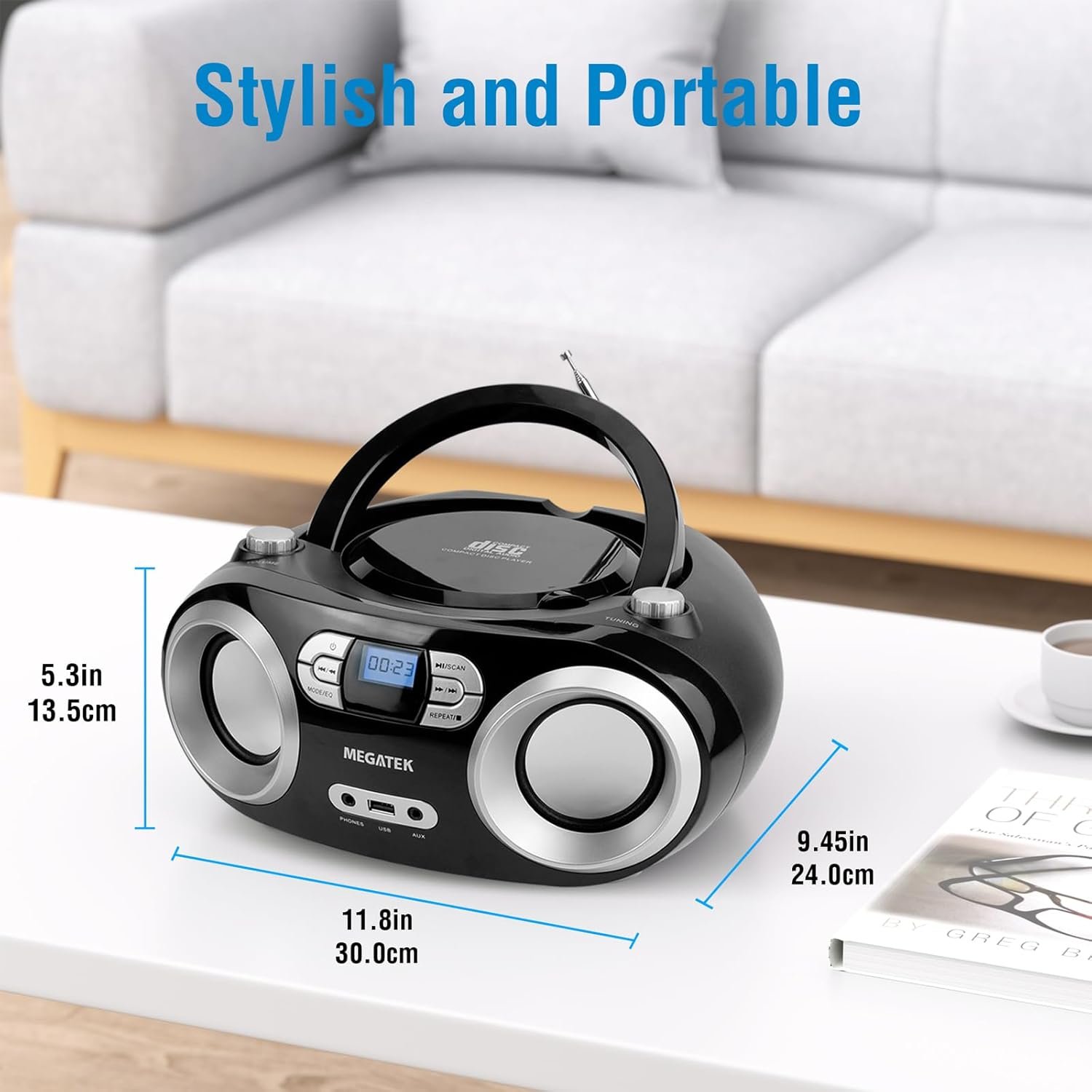 MEGATEK Portable CD Player Boombox with FM Radio, Bluetooth, USB Port, AUX Input, and Headphone Jack – CD-R/CD-RW/MP3-CD Compatible, Clear Stereo Sound, Backlit LCD Display – Black - Image 5