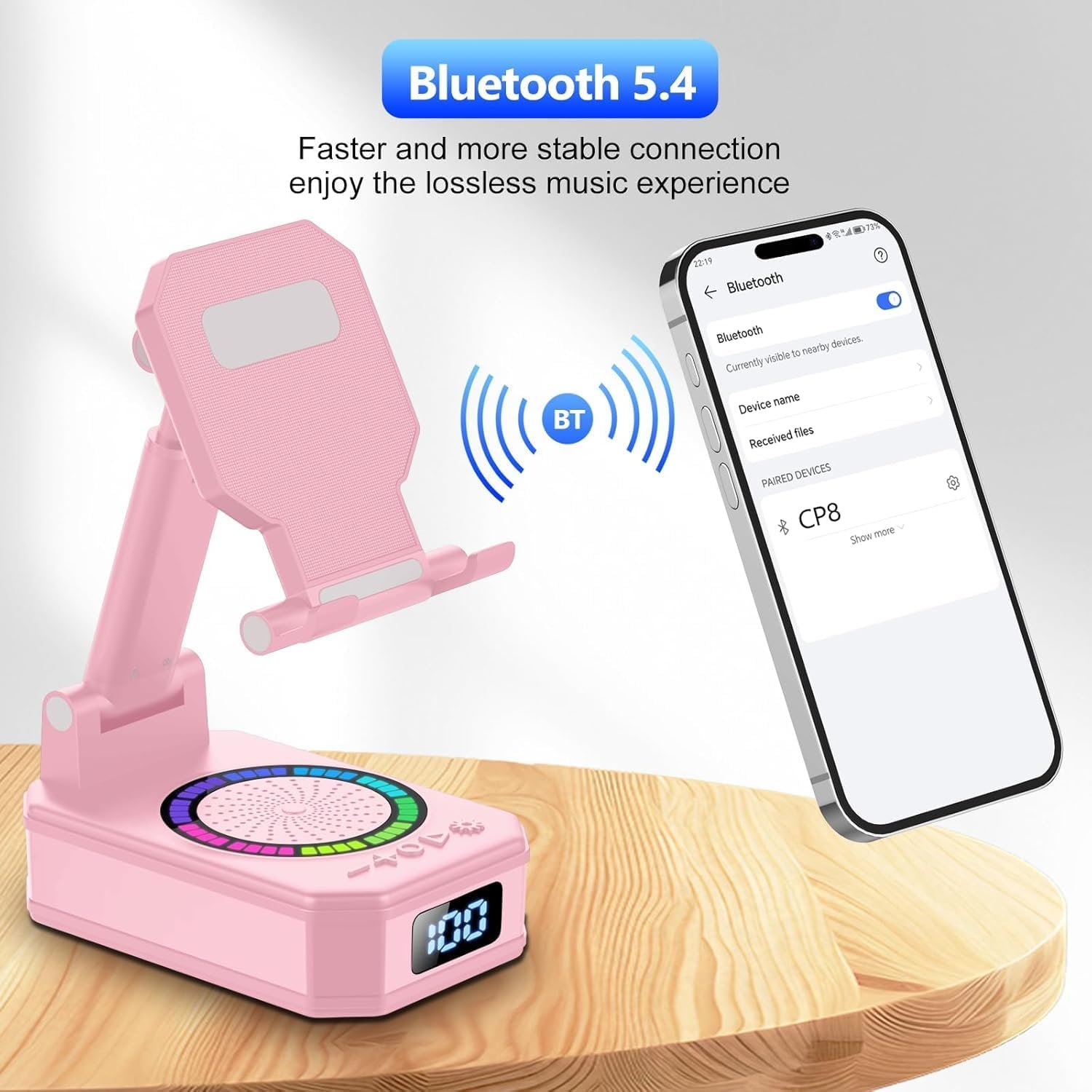Cell Phone Stand with Wireless Bluetooth Speaker and 8 RGB Ambient Light, Anti-Slip Base HD Surround Sound, Rechargeable Home and Outdoors Bluetooth Speaker Gifts for Women Pink - Image 6