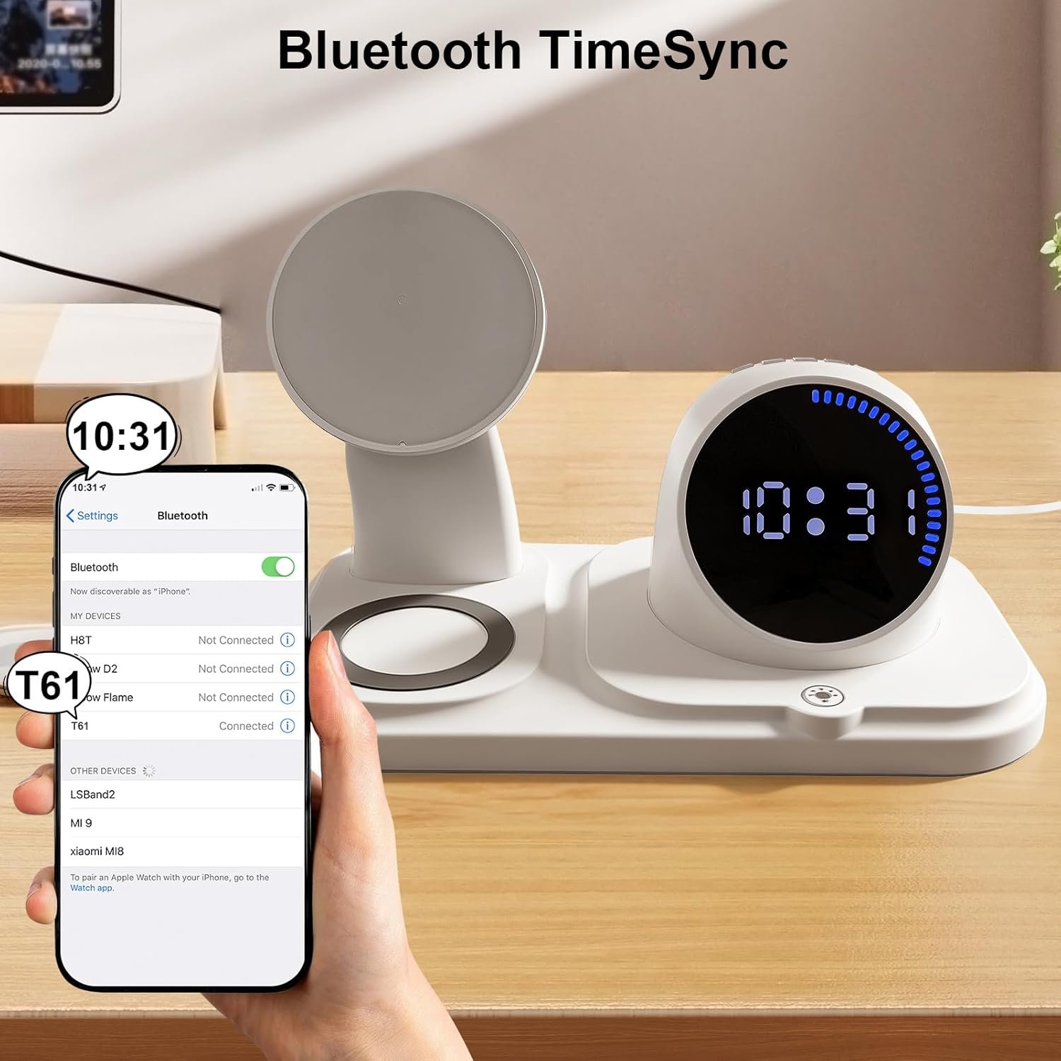 6 in 1 Wireless Charging Station with Bluetooth Speaker Fuction, Charging Stand for Multiple Devices for Apple iPhone 17 16 15 14 13 12 Pro Max Apple Watch Airpods, Digital Clock and Ambient Lights - Image 6