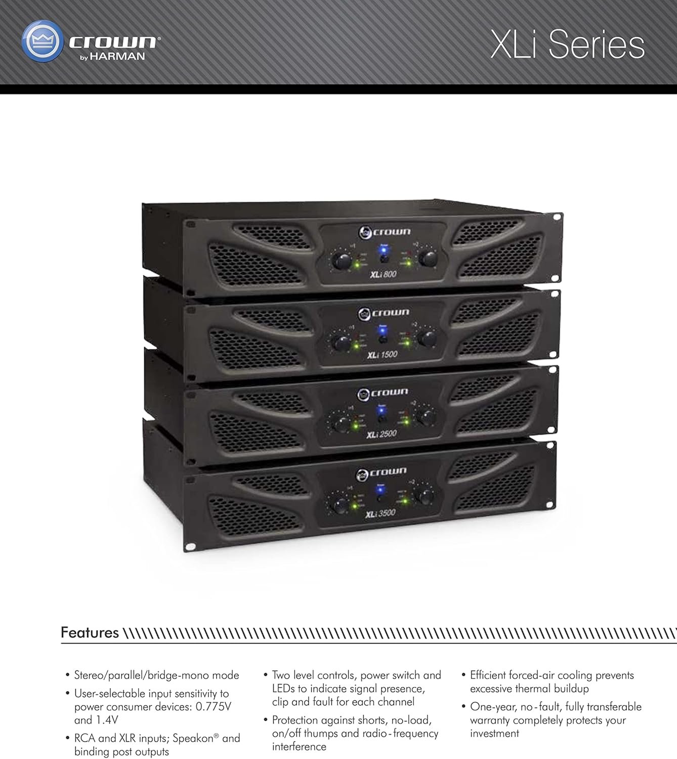 Crown XLi800 Two-channel, 600-Watt Bridged 8Ω Power Amplifier. Professional DJ, PA, Stage Amp. Black - Image 5