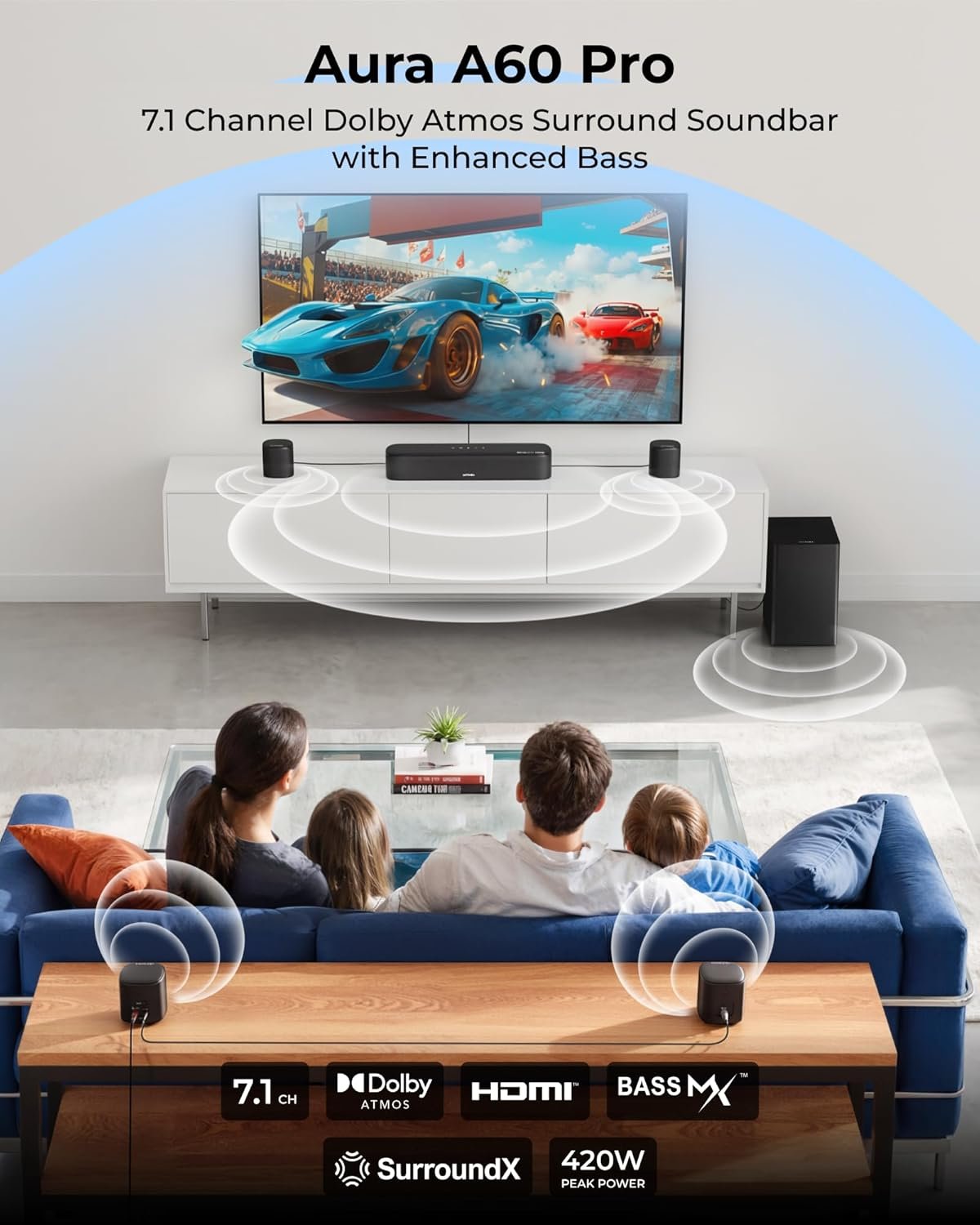 ULTIMEA 7.1ch Surround Sound System for TV, Dolby Atmos Sound Bar with 4 Surround Speakers, VoiceMX, BassMX, 420W Peak Power Sound Bar for Smart TV, HDMI eARC, App Control, Aura A60 Pro, 2026 Model - Image 2