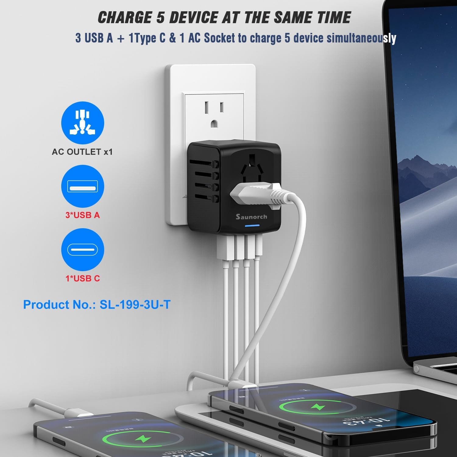 SAUNORCH Universal International Travel Power Adapter W/High Speed 2.4A USB, 3.0A Type-C Wall Charger, European Adapter, Worldwide AC Outlet Plugs Adapters for Europe, UK, US, AU, Asia-Black - Image 2