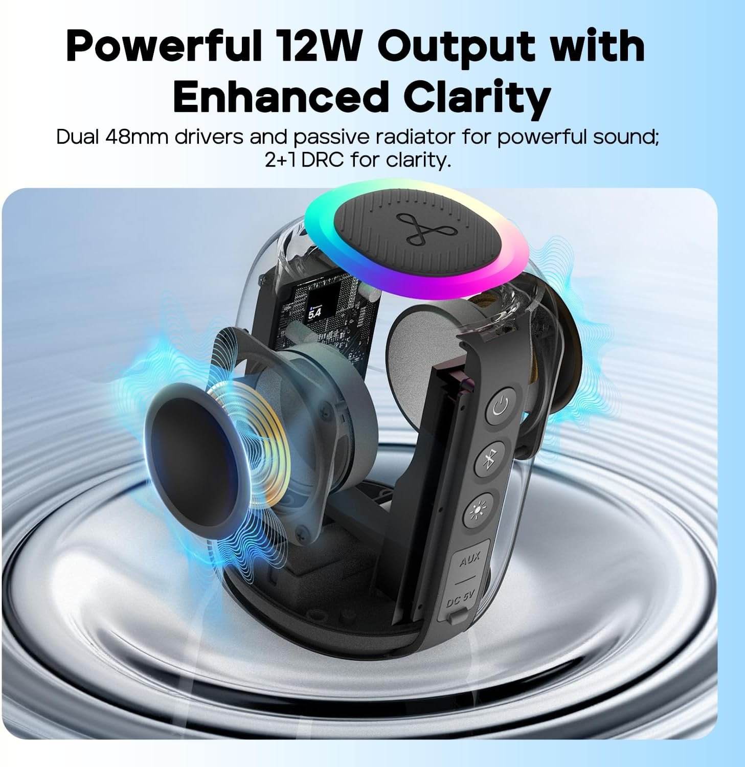 Tribit StormBox Mini+ Portable Bluetooth Speaker, 12W Wireless Speaker with 360°Surround Sound, 12H Playtime, Custom EQ, BT5.4, IPX7 Waterproof, RGB Lights, Type-C, TWS, AAC/SBC, Home/Outdoor/Travel - Image 5