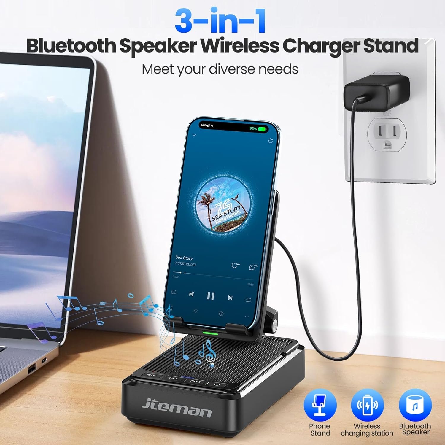 Jteman Cell Phone Stand with Bluetooth Speaker and Wireless Charger, Desktop Charging Station Stand Speaker for iPhone, Christmas Birthday Gift for Men Women (Black) - Image 2