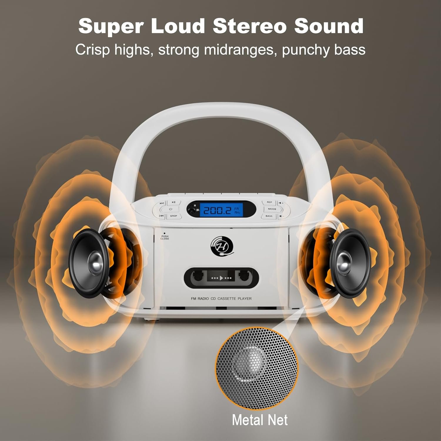 CD Cassette Player Combo, Hernpark Rechargeable Boombox with Bluetooth 5.1, CD Player with Remote Control, Tape Recording, FM Radio, Super Bass, Stereo Sound, Aux/USB Drive, Headphones Jack -White - Image 3