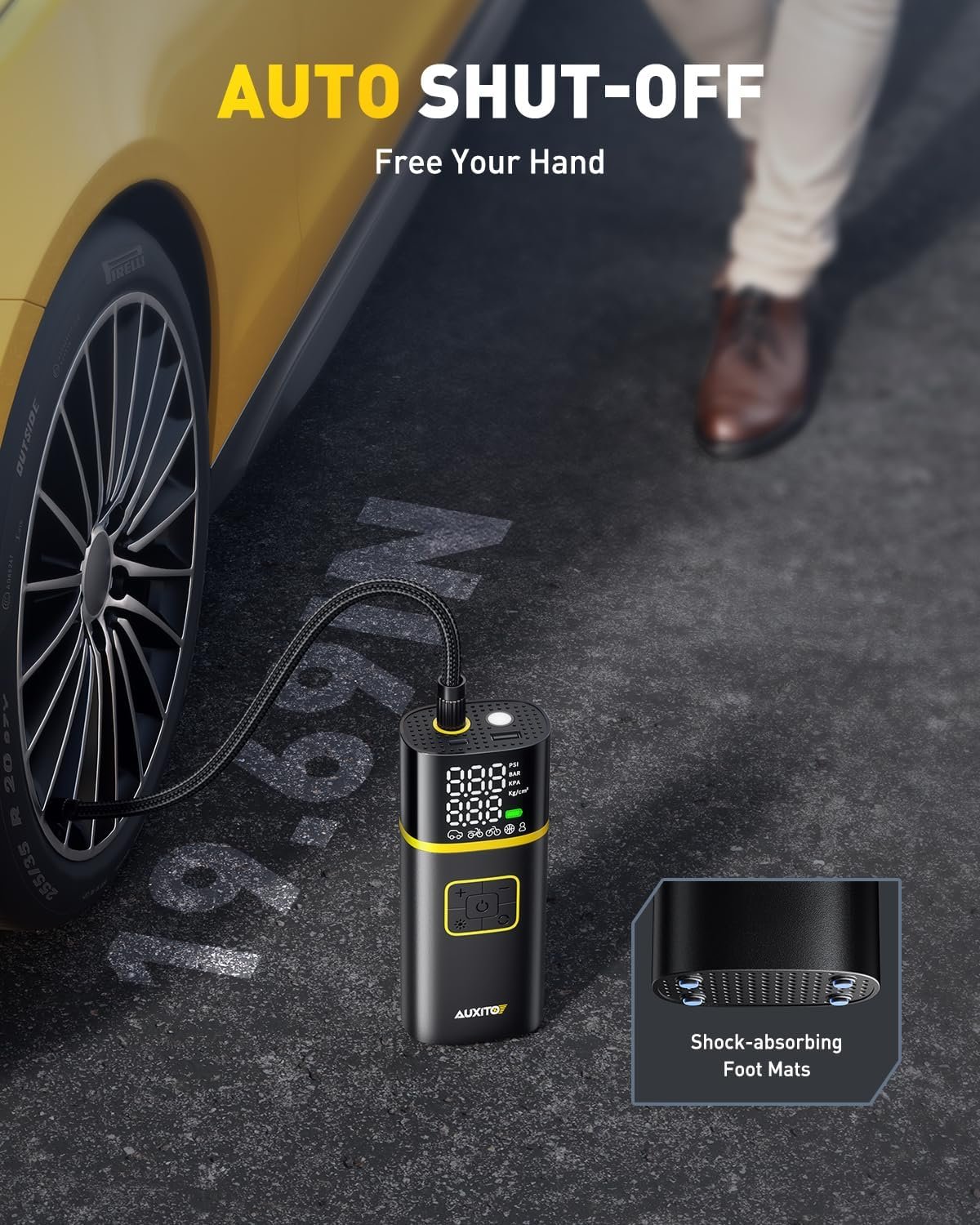 AUXITO AS1 Tire Inflator Portable Air Compressor - 150PSI Bike Pump 1Min Fast Inflate with Tire Pressure Gauge, 5200 mAh, LED Light, Car Accessories Air Pump for Auto, Moto, Bike Car Gifts for Men - Image 9