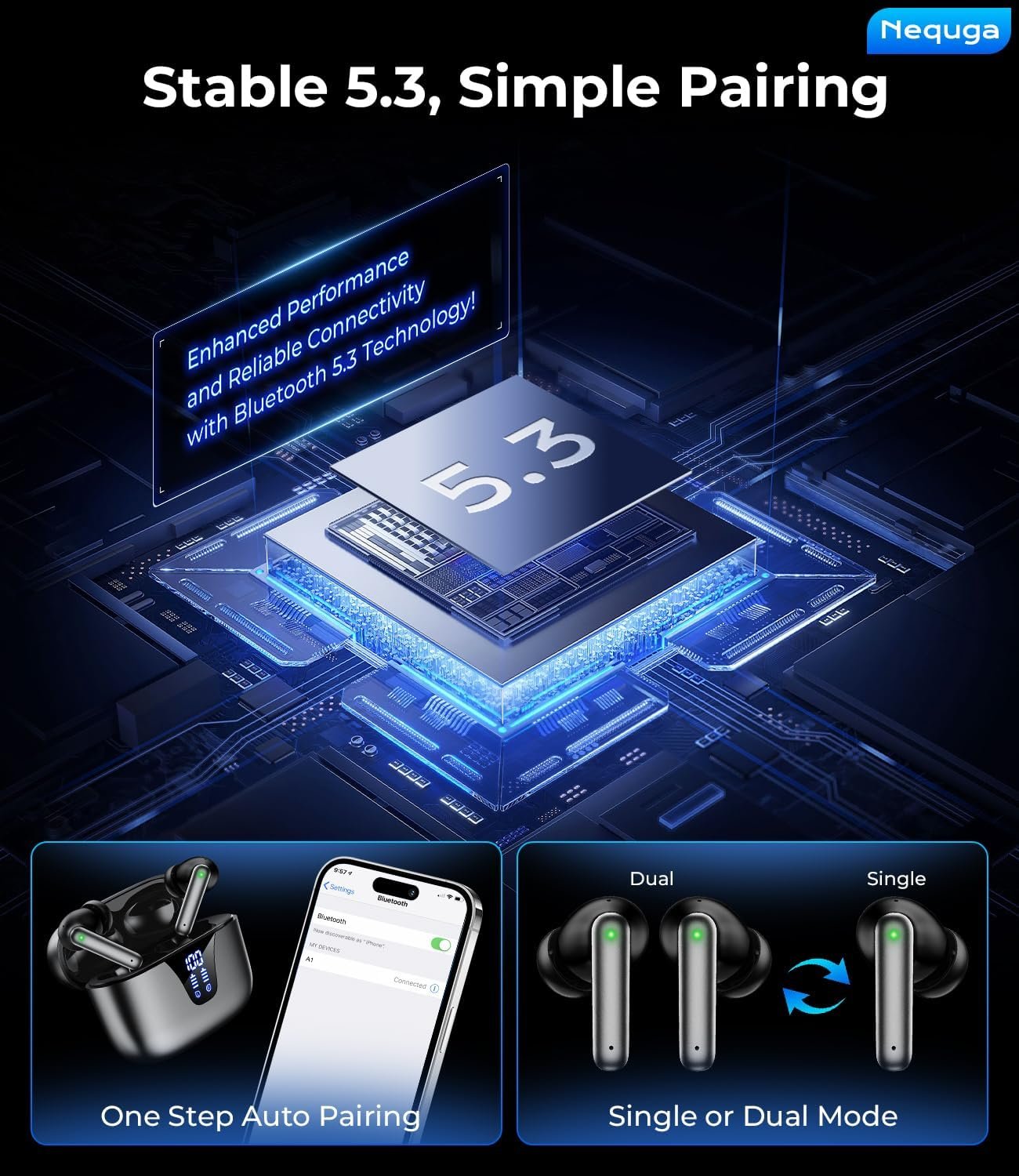 Wireless Earbuds Bluetooth Headphones, 50H Playtime Ear Buds with Mic, LED Digital Display Charging Case, IPX7 Waterproof, Deep Bass Stereo, in-Ear Earphone for iPhone Andriod Phone - Ink - Image 6