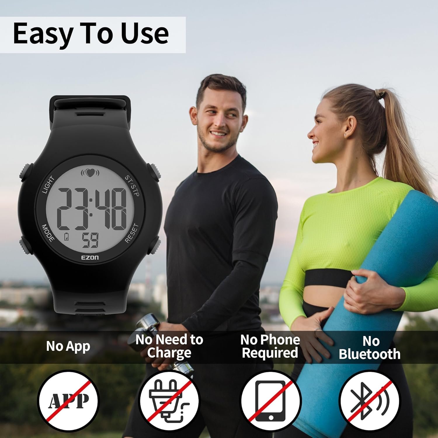 EZON Heart Rate Monitor Chest Strap and Digital Watch,5ATM Waterproof Fitness Tracker with HRM,Calories Burned,Stopwatch and Hourly Chime - Ideal Fitness Presents for Men and Women - Image 4