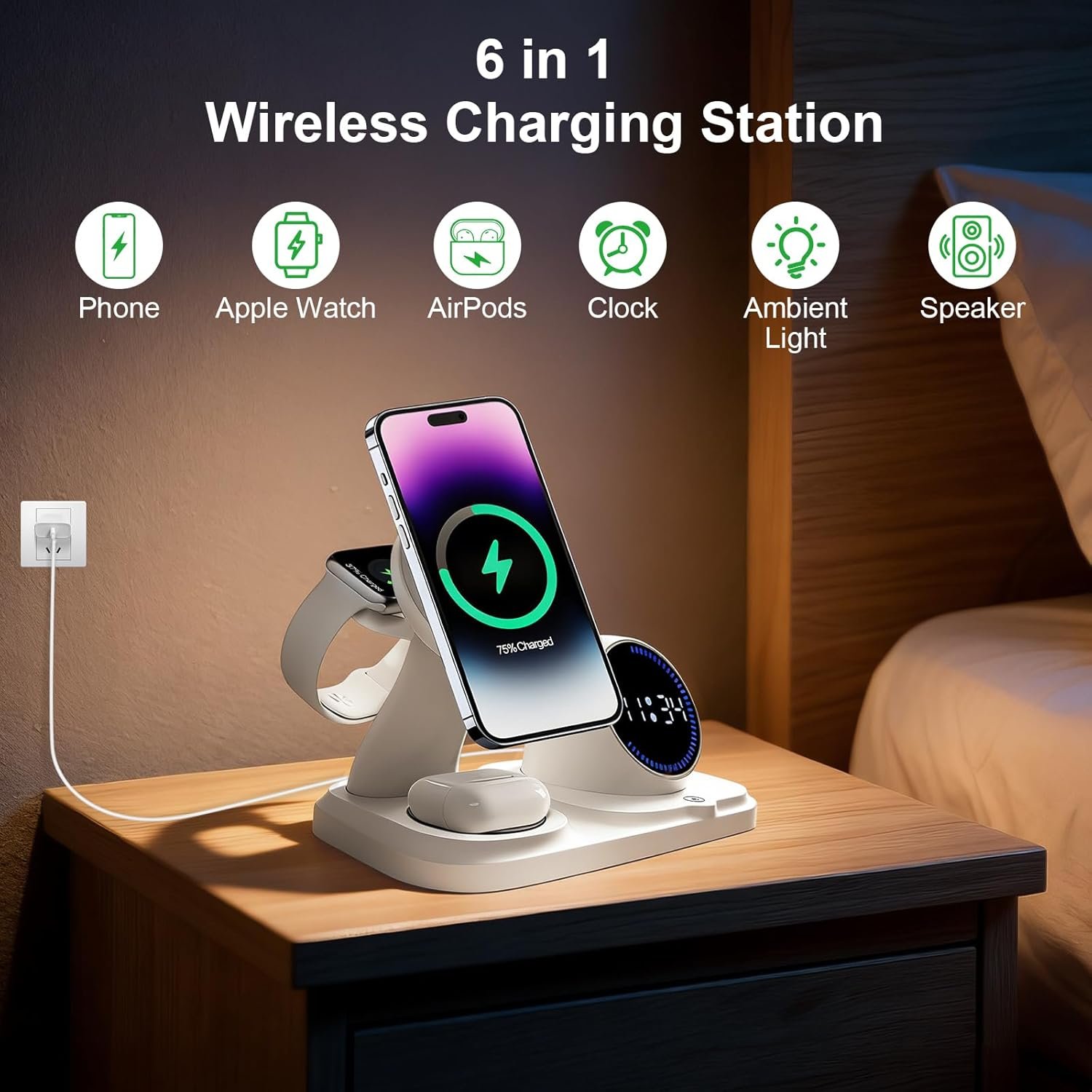 6 in 1 Wireless Charging Station with Bluetooth Speaker Fuction, Charging Stand for Multiple Devices for Apple iPhone 17 16 15 14 13 12 Pro Max Apple Watch Airpods, Digital Clock and Ambient Lights - Image 3