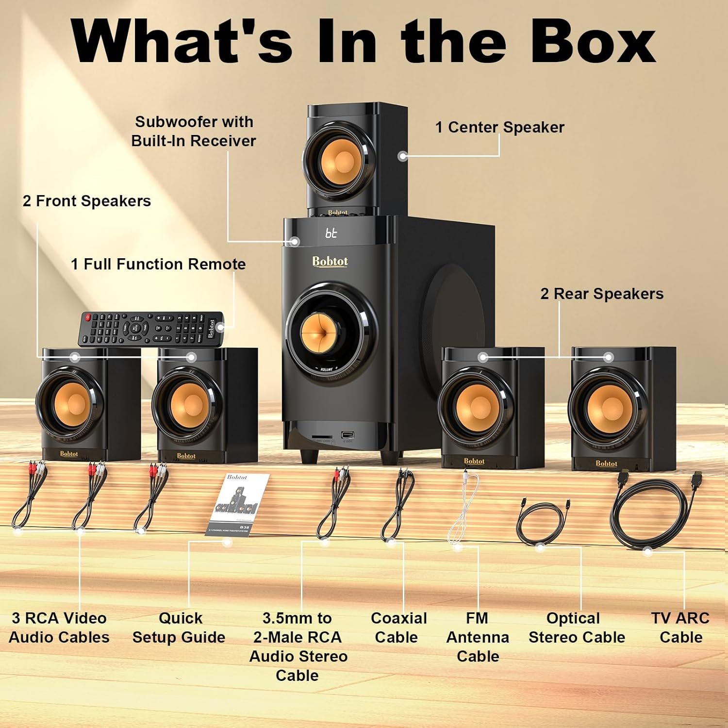 Bobtot Small Subwoofer Home Theater for TV Surround System 5 Wired Speakers Amplifier 4 inch Woofer Built-in Receiver Support ARC Optical Bluetooth Input for Projector - Image 5