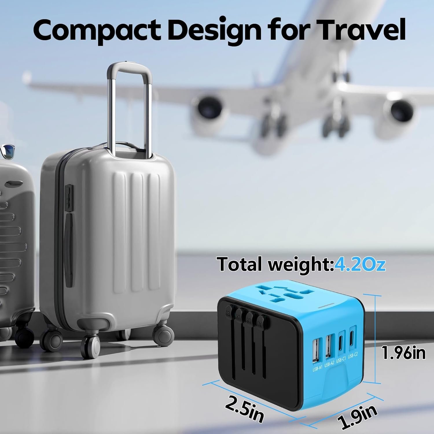 JMFONE Universal Travel Adapter, 4 USB C/A Ports & 2500W AC Outlets, All-in-One International Power Plug Adapter for All USB Devices, Worldwide Travel Charger for Europe US UK AU 200+ Countries (Blue) - Image 6