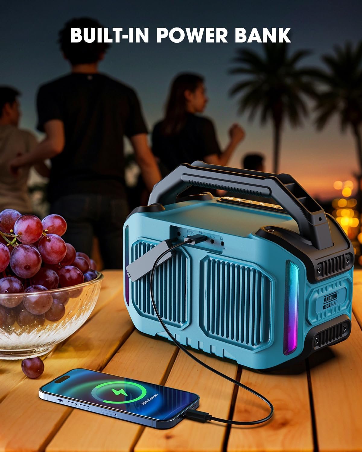 ANCOON Speakers Bluetooth Wireless: 80W(Peak) Loud Speaker with Bass, 20H Playtime, IPX6 Waterproof, Large Jobsite Speakers for Work, Outdoor, Workshop, Garage, Portable Speaker with TWS (Sky Blue) - Image 7