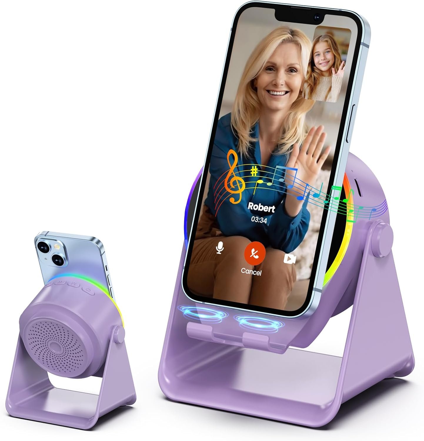 Wireless Induction Speaker, 4 in1 Phone Stand Bluetooth Speaker Amplifier with Colorful Ambient Light 360° Rotation Holder for Tablet iPhone Android,Portable Gifts for Adults Teens (Purple)