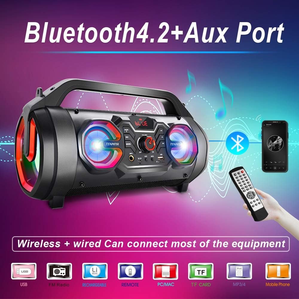 Portable Bluetooth Speaker with Subwoofer, Wireless Speakers with Booming Bass, FM Radio, RGB Lights, EQ, Stereo Sound, 10H Playtime, 30W Loud Speaker for Home, Outdoor, Party, Travel, Camping, Gifts - Image 2