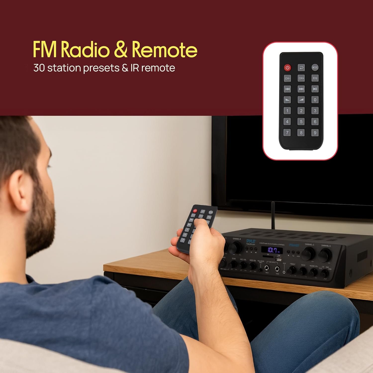 Pyle 4-Channel Audio Amplifier with Bluetooth - Home Stereo Receiver w/ 500W Max Power - Commercial or Karaoke - Dual Mic Input with Echo, Vol, Talk-Over - AUX In - Sub Out - USB-A MP3 Player, AM/FM - Image 6