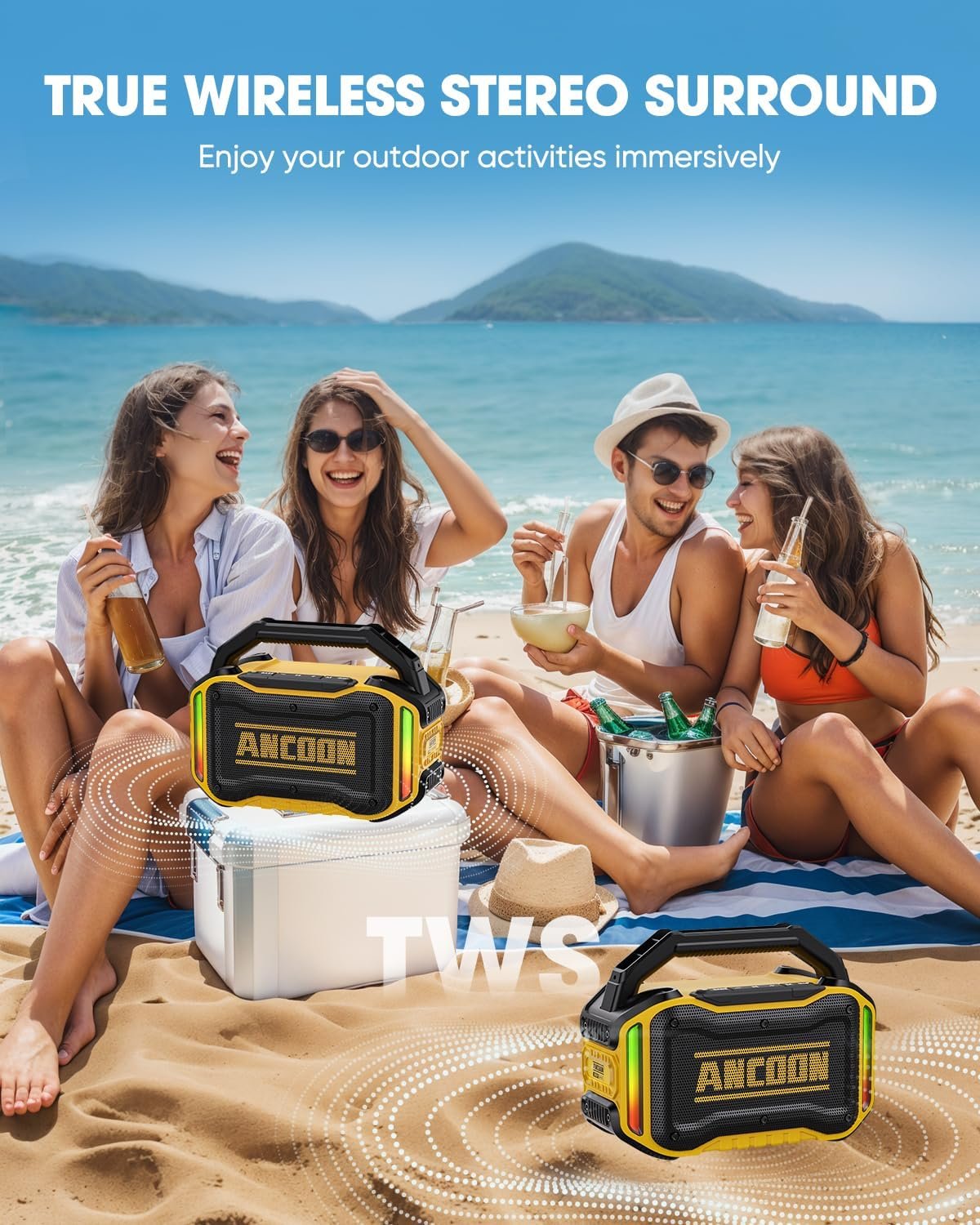 ANCOON Speakers Bluetooth Wireless: 80W(Peak) Loud Speaker with Bass, 20H Playtime, IPX6 Waterproof, Large Jobsite Speakers for Work, Outdoor, Workshop, Garage, Portable Speaker with TWS (Yellow) - Image 4