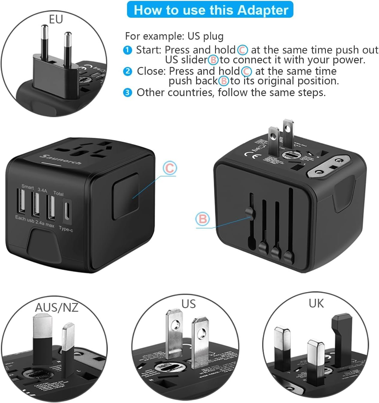 SAUNORCH Universal International Travel Power Adapter W/High Speed 2.4A USB, 3.0A Type-C Wall Charger, European Adapter, Worldwide AC Outlet Plugs Adapters for Europe, UK, US, AU, Asia-Black - Image 5