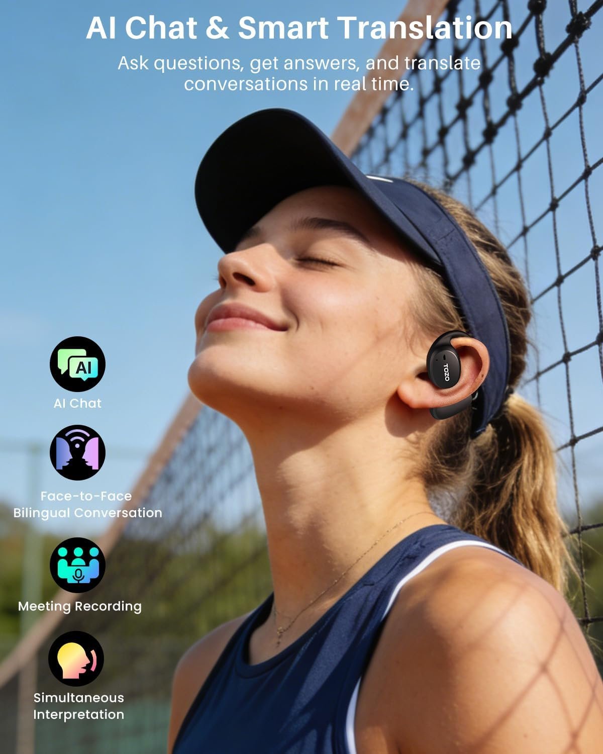 TOZO Real-Time AI Translation Earbuds, 80H Playtime Translator Ear Buds, Digital Display, AI Clear Calls, Comfortable Wear Open Ear Earbuds, AI Bluetooth Headphone for Travel Meeting Learning, Black - Image 3