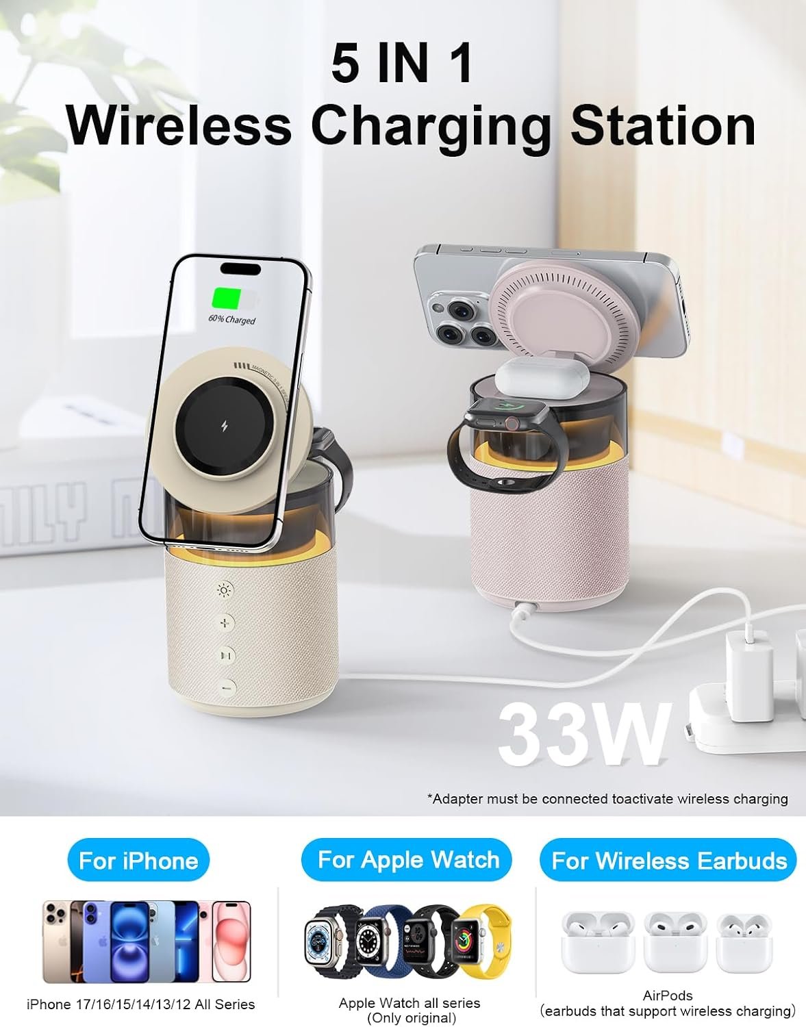 5-in-1 Bluetooth Speaker with Wireless Charging Station,Magnetic Charger with Night Light,Charger Stand with 33W Adapter Compatible with iWatch iPhone 17 16 15 14 13 12 Pro Max Wireless Earbuds - Image 2