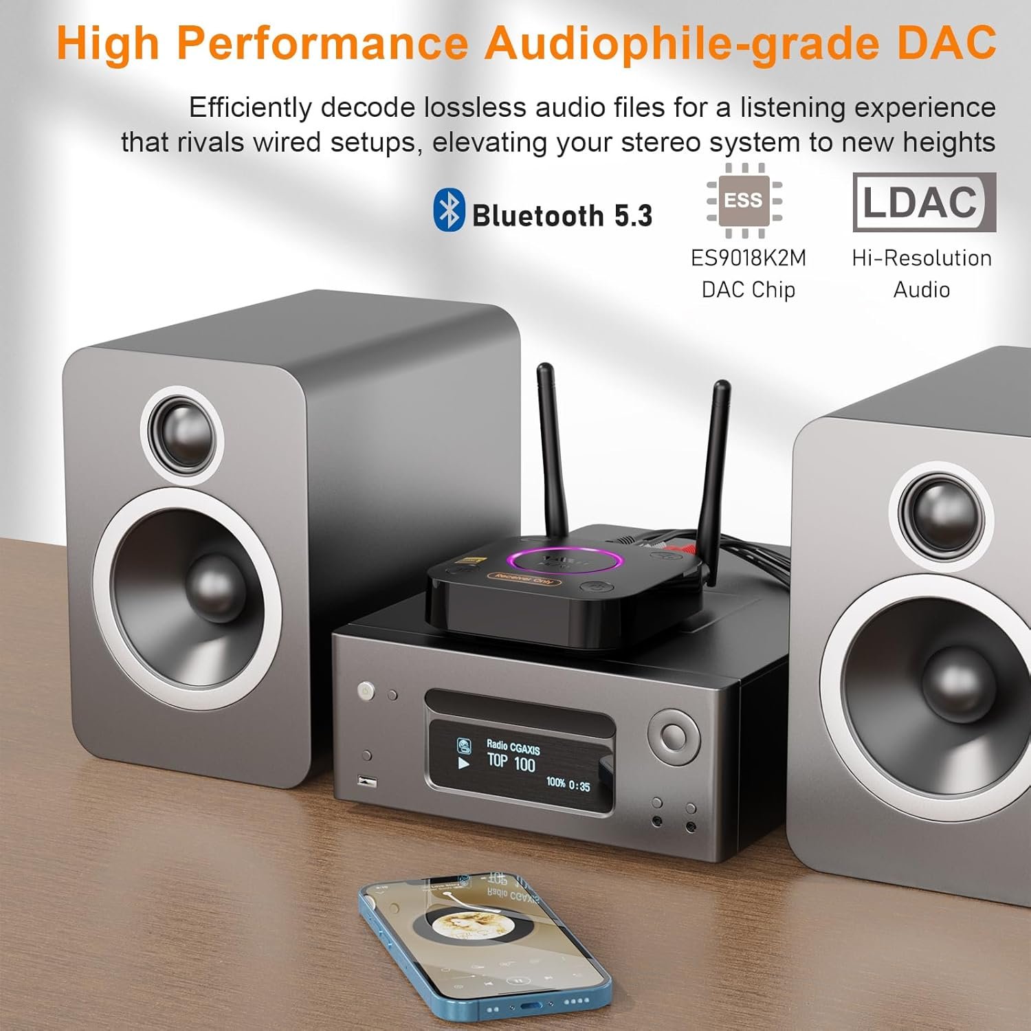 1Mii B06Ultra Bluetooth 5.3 Receiver with LDAC for Hi-Res Wireless Audio, HiFi Bluetooth Audio Adapter w/Audiophile DAC, 3D Surround aptX HD Low Latency, Optical AUX 3.5mm Coaxial for Home Stereo - Image 4
