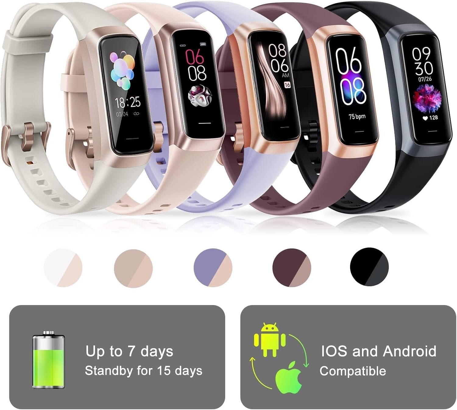 Fitness Tracker, Activity Trackers with 24/7 Heart Rate, Blood Oxygen Blood Pressure Sleep Monitor, Step Counter with 1.1" AMOLED Touch Color Screen, Calorie Pedometer Health Smart Watch for Women Men - Image 7