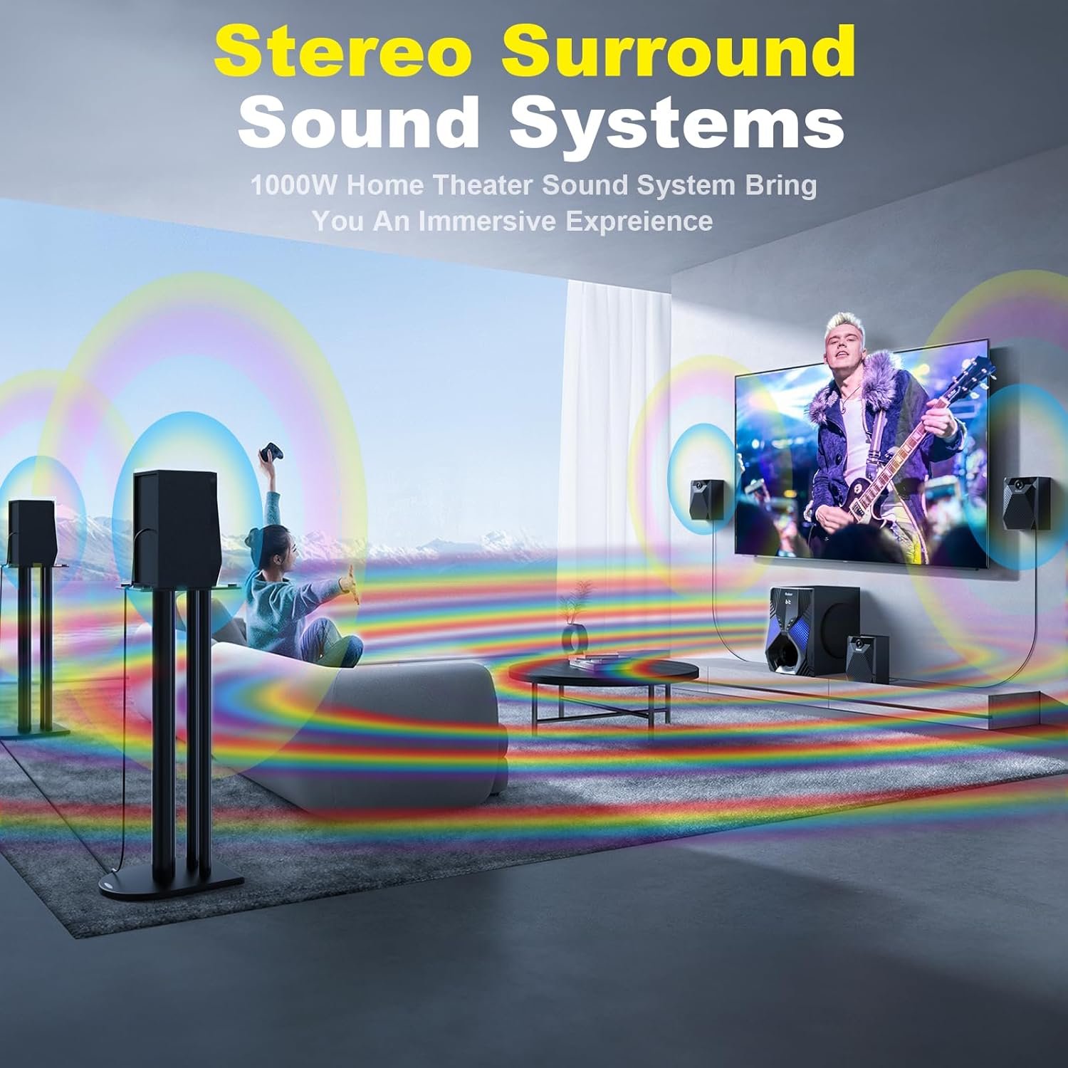 Bobtot Home Theater System, 1000 Watts Peak Power Surround Sound Systems 5 Wired Satellite Audio Speakers 8" Subwoofer 5.1/2.1 Channel Deep Bass with ARC Optical Bluetooth AUX Input - Image 2