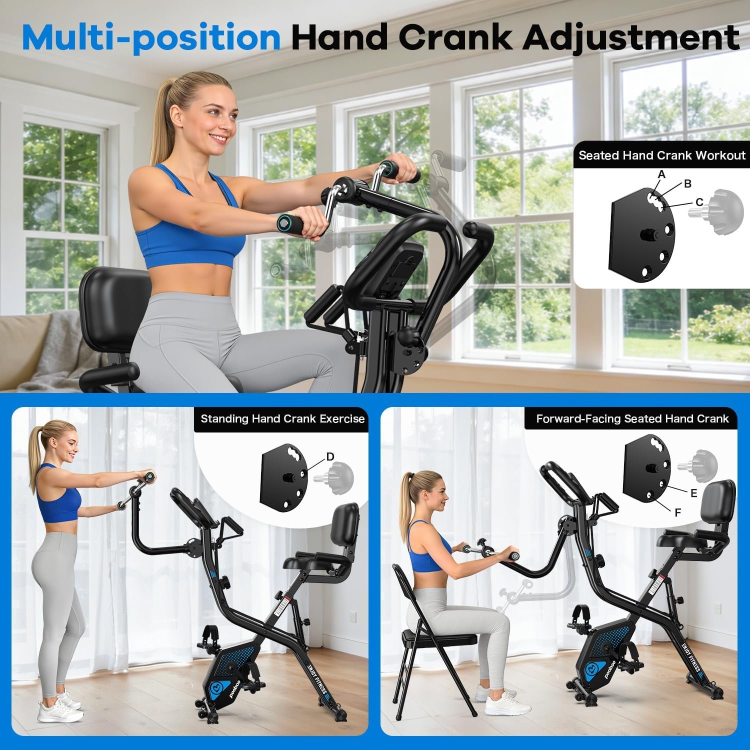 pooboo Folding Exercise Bike, Foldable Upright Stationary Bike, Indoor Cycling Magnetic X-Bike with 8-Level Adjustable Resistance, 6.6 LBS Flywheel, 300LB Capacity, Back Support Cushion for Home Gym - Image 2