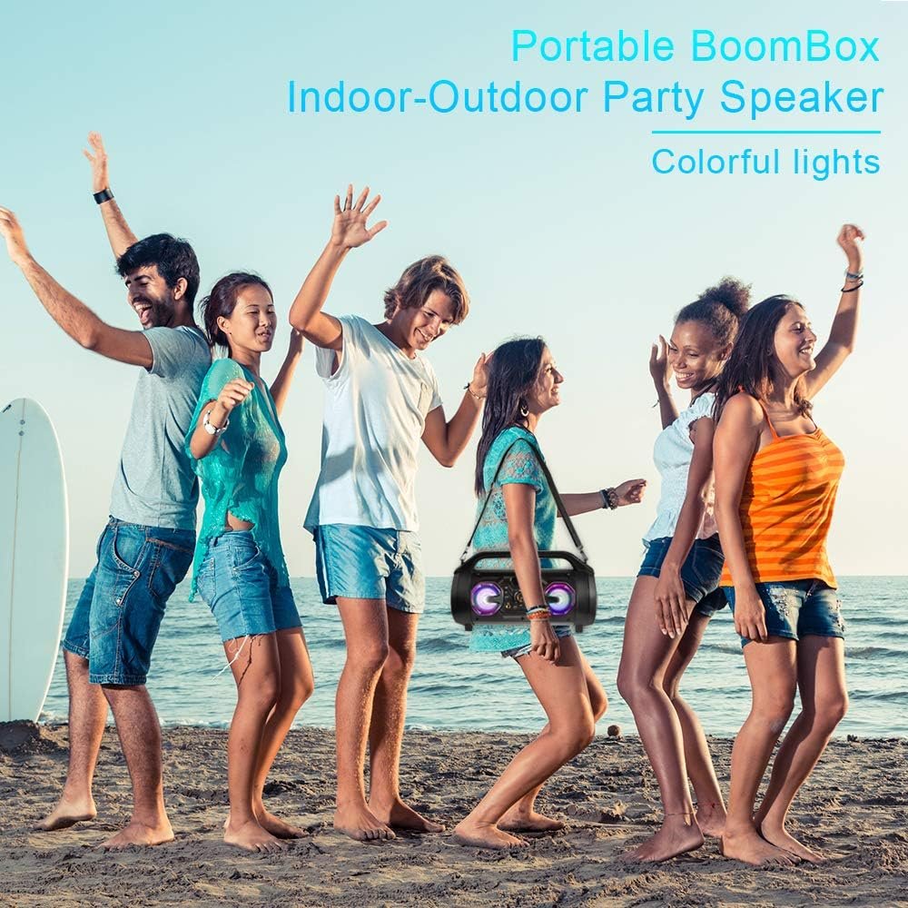 Bluetooth Speaker, 30W Portable Bluetooth Boombox with Subwoofer, FM Radio, RGB Colorful Lights, EQ, Stereo Sound, Booming Bass, 10H Playtime Wireless Party Speaker for Home, Outdoor, Travel, Camping - Image 4