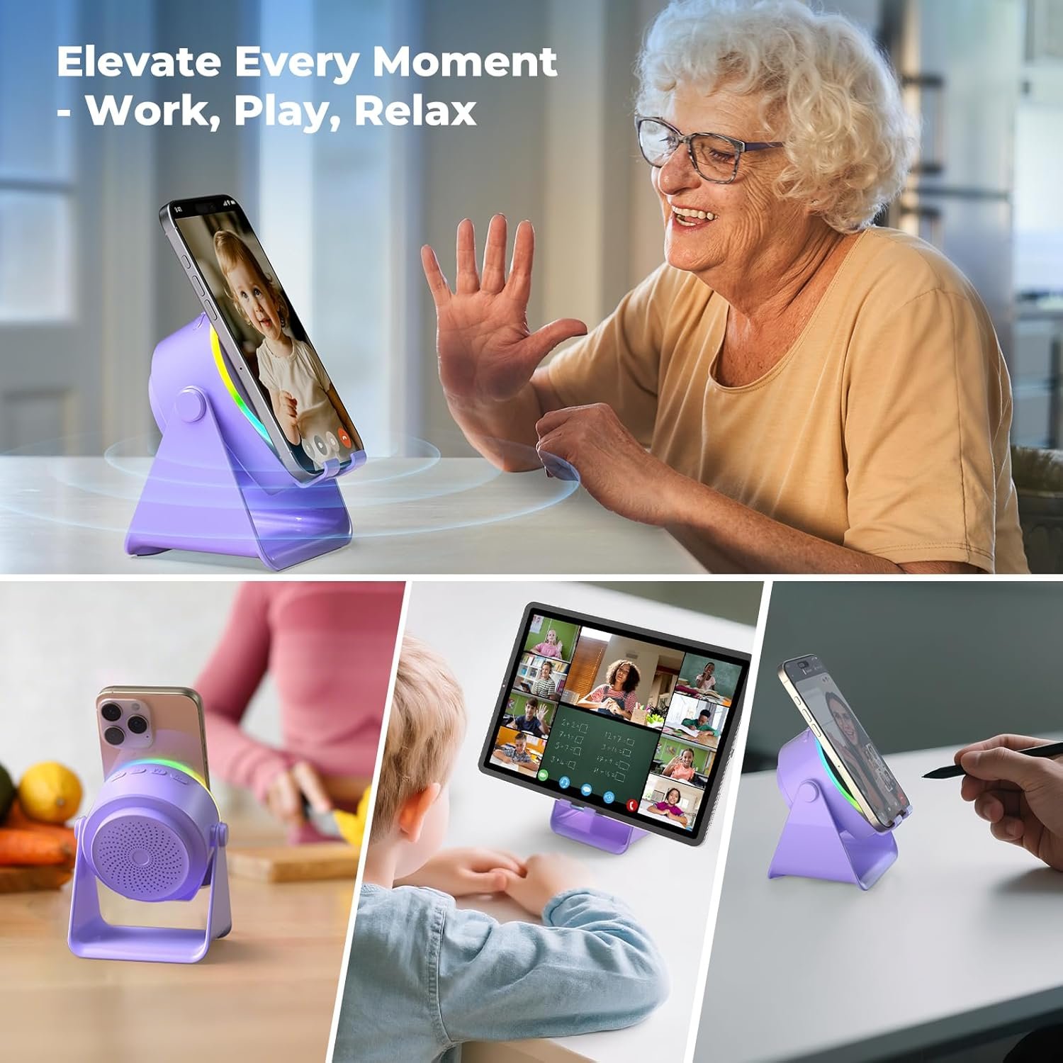 Wireless Induction Speaker, 4 in1 Phone Stand Bluetooth Speaker Amplifier with Colorful Ambient Light 360° Rotation Holder for Tablet iPhone Android,Portable Gifts for Adults Teens (Purple) - Image 9