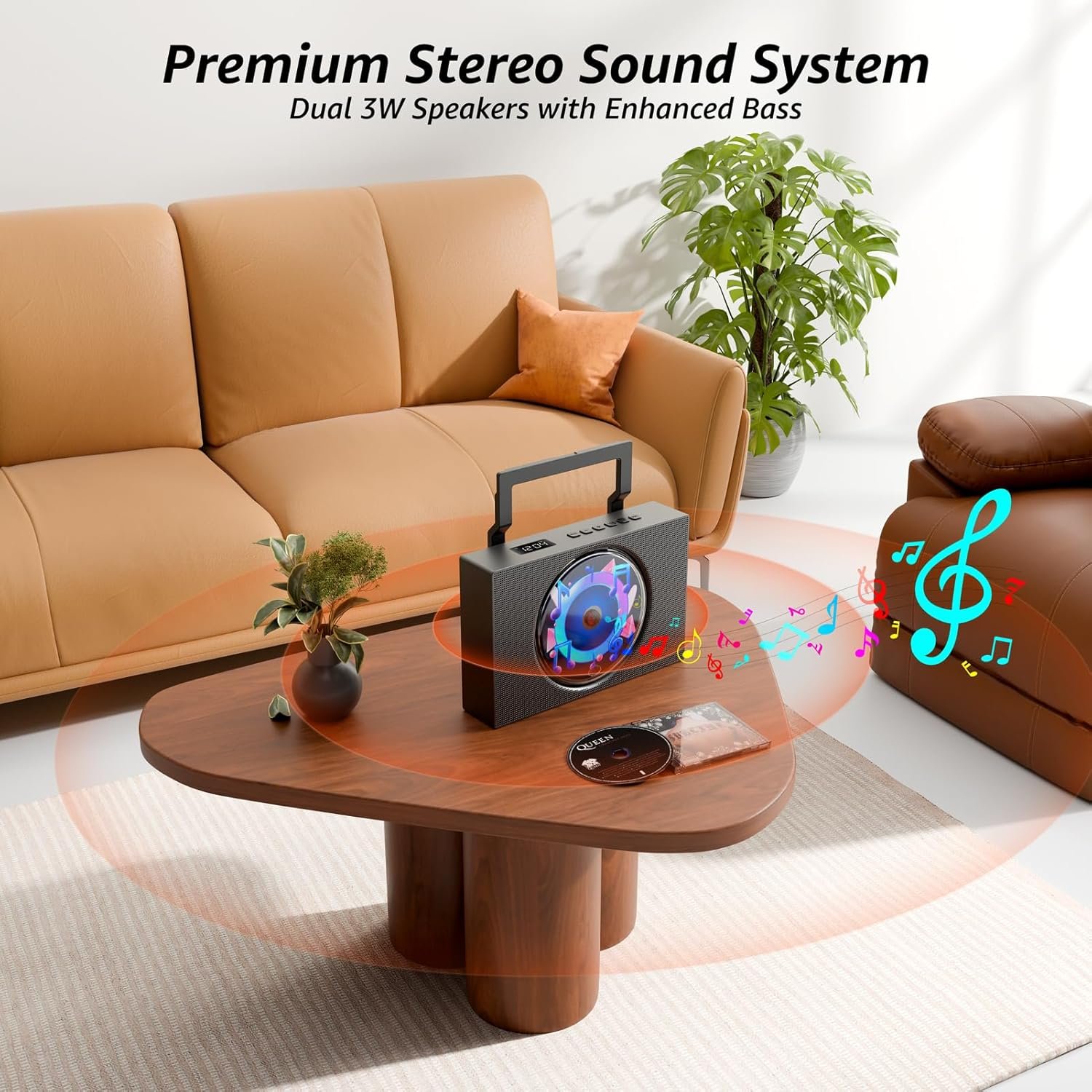 Portable CD Player Boombox with Bluetooth - Rechargeable CD Player with FM Radio, USB, AUX, Remote Control - Stereo Sound System with 4000mAh Battery - Supports CD/CD-R/CD-RW/MP3/WMA - Image 5