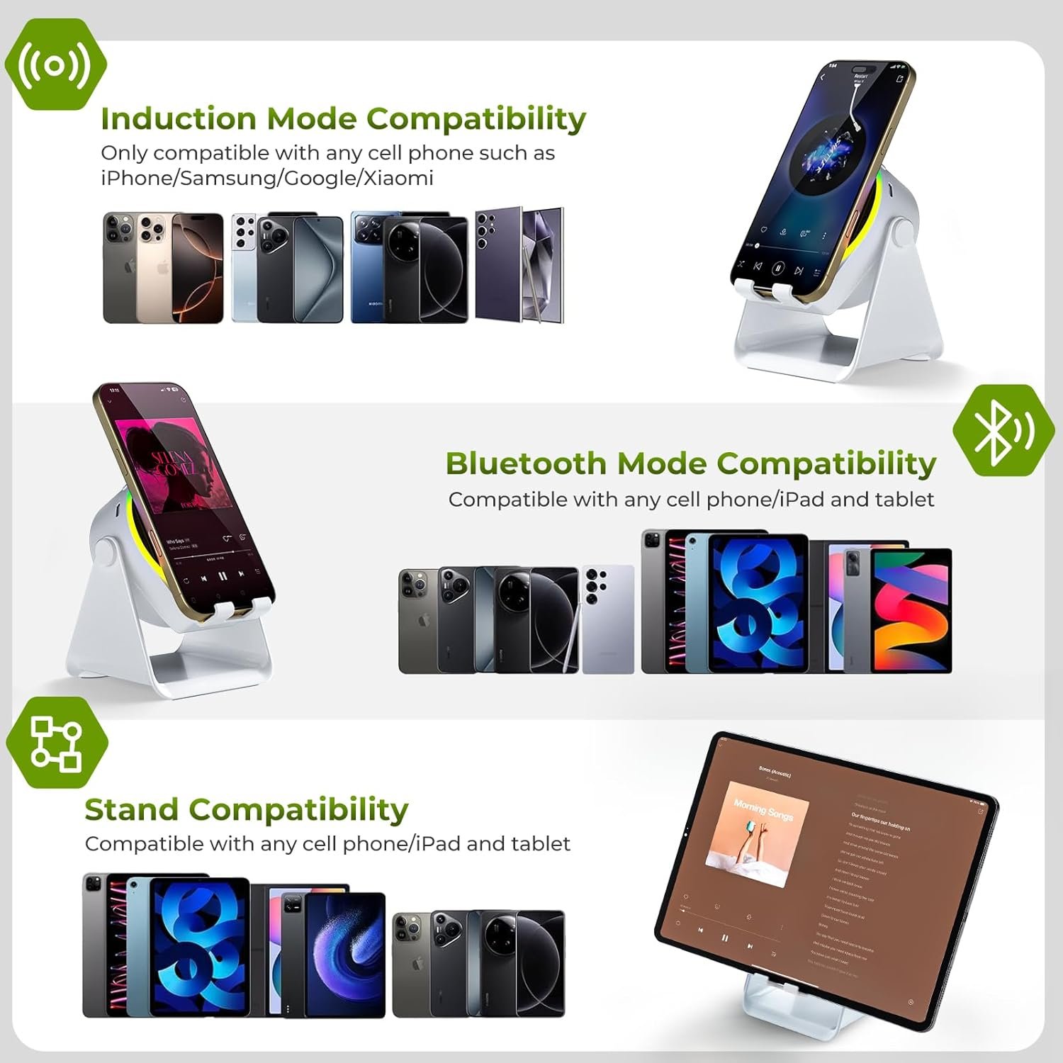 Wireless Induction Audio Bluetooth Speaker, 4 in 1 Phone Stand Speakers Amplifier with Colorful Ambient Light,360° Adjustable Holder for Tablet iPhone Android, Gifts for Men Women Teens-White - Image 4