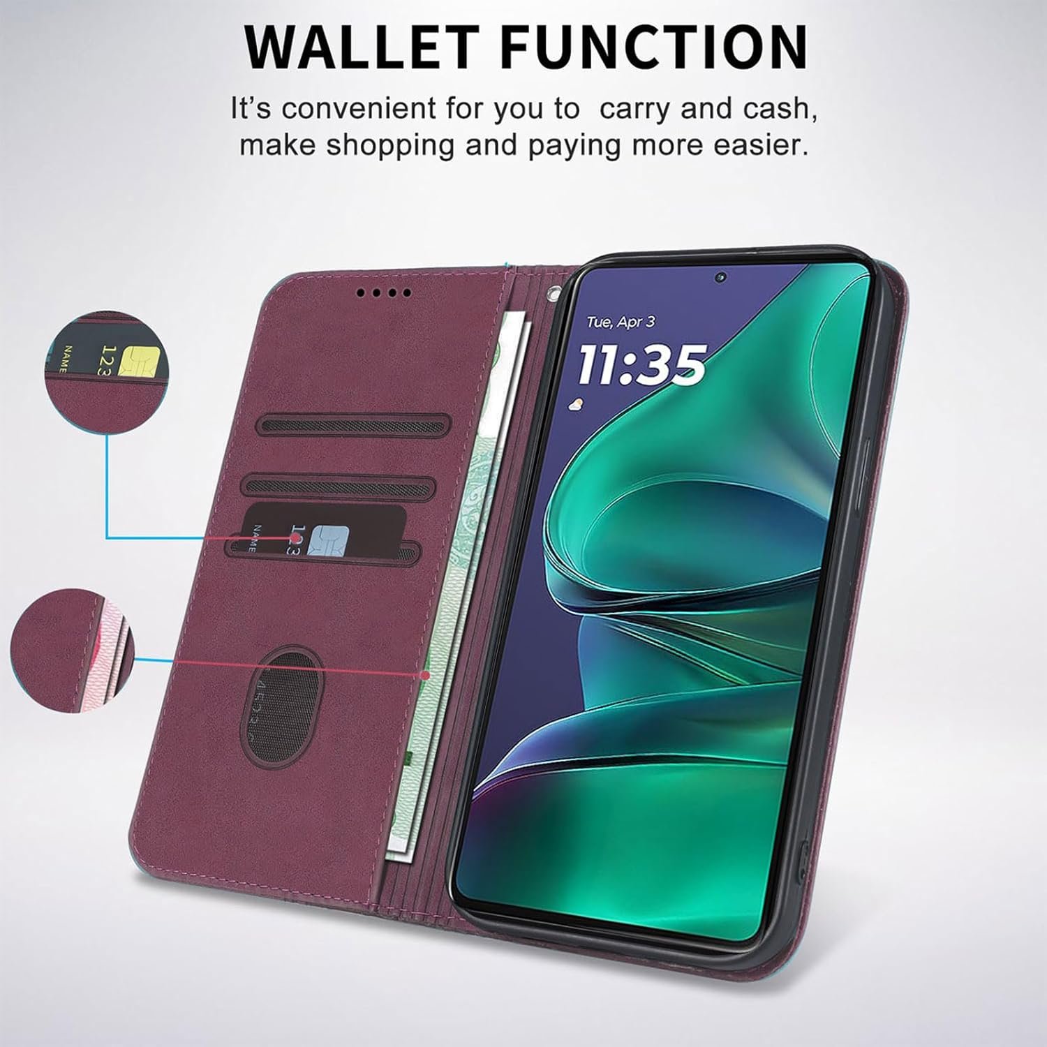 Wallet Case for Motorola Moto G 5G 2026/2025, Moto G Play 2026 6.7 inch - PU Leather Flip Cover with Card Holder Slots, Strong Magnetic Folio Kickstand Phone Case, Wine Red - Image 3
