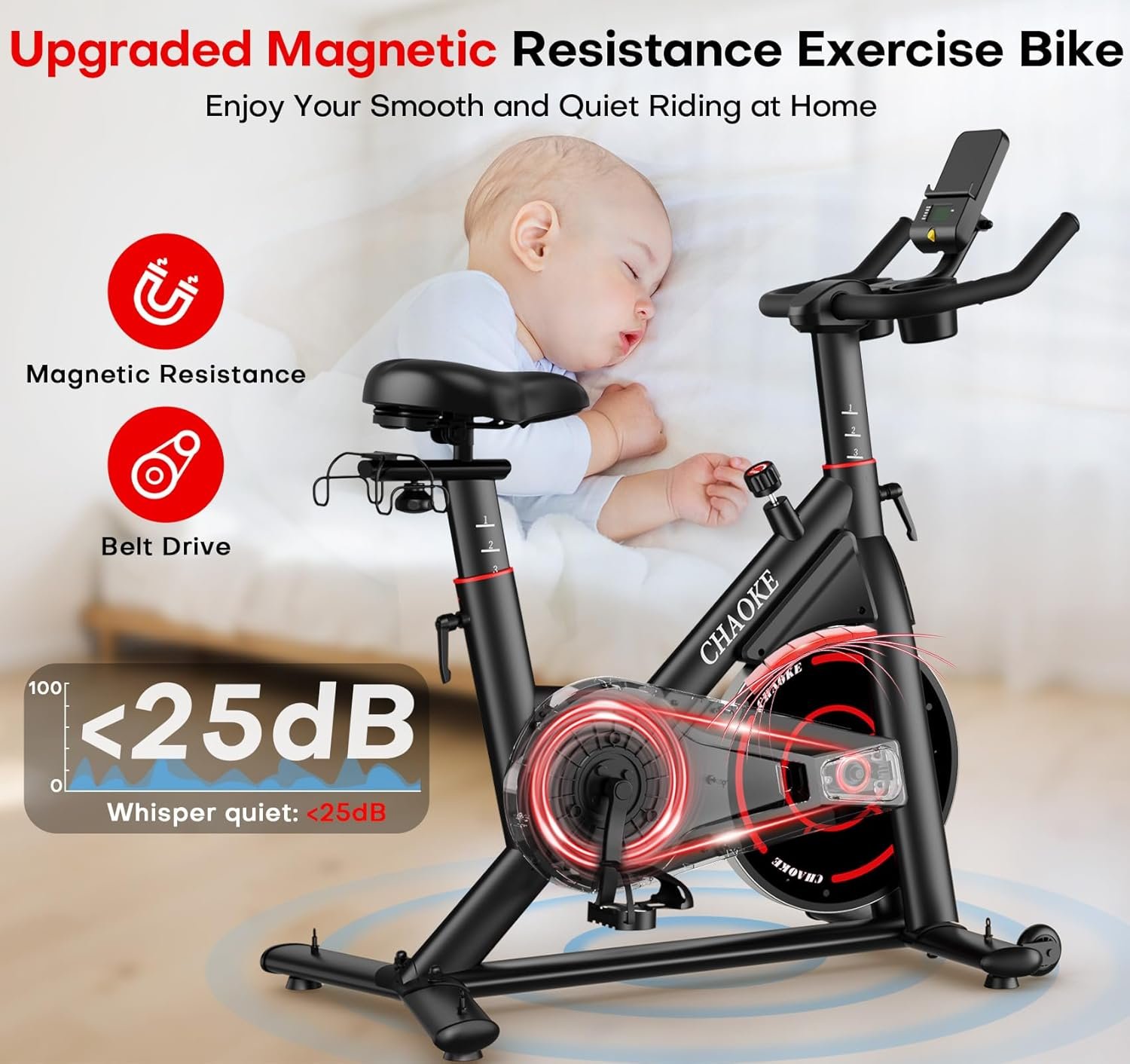 Exercise Bike, CHAOKE Quiet Adjustable Magnetic Resistance Stationary Bike for Home Cardio with App Compatible, 350LB Weight Capacity Indoor Cycling Bike with Comfortable Seat & Digital Display - Image 5