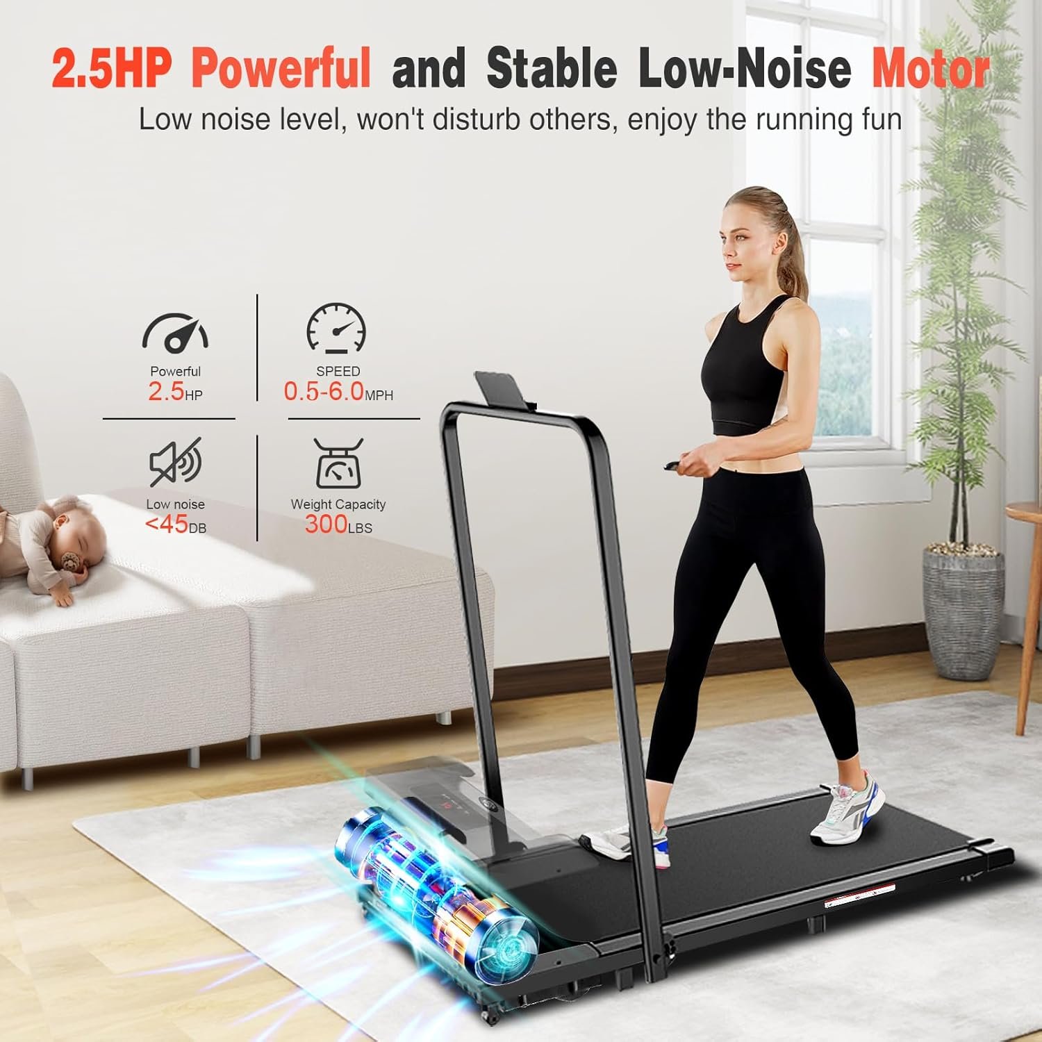 Walking Pad, 2.5HP Walking Pad Treadmill with Handle Bar, 3 in 1 Portable Under Desk Treadmills for Home,Foldable Treadmill for Small Space,Compact Home Treadmills with Remote Control,300LBS Capacity - Image 3
